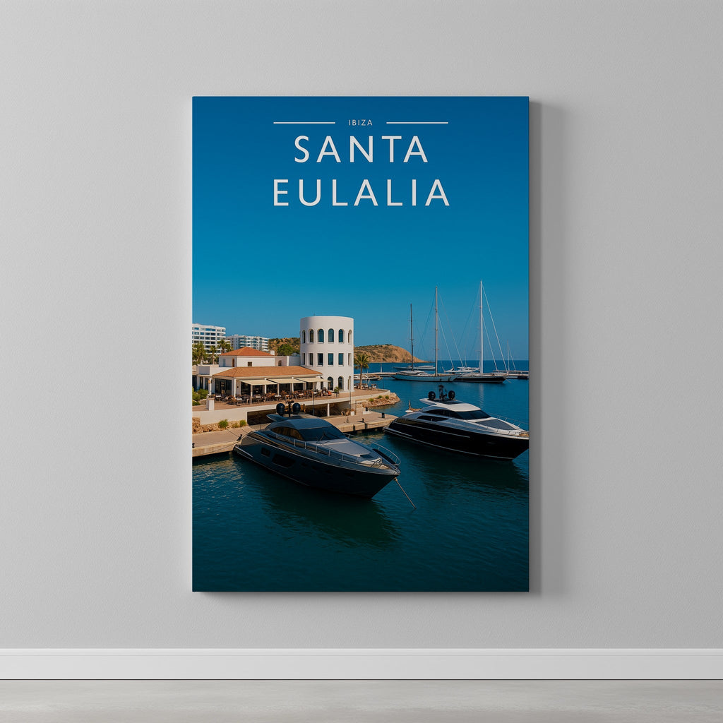 Santa Eulalia Travel Poster as a gallery-wrapped canvas on a plain wall