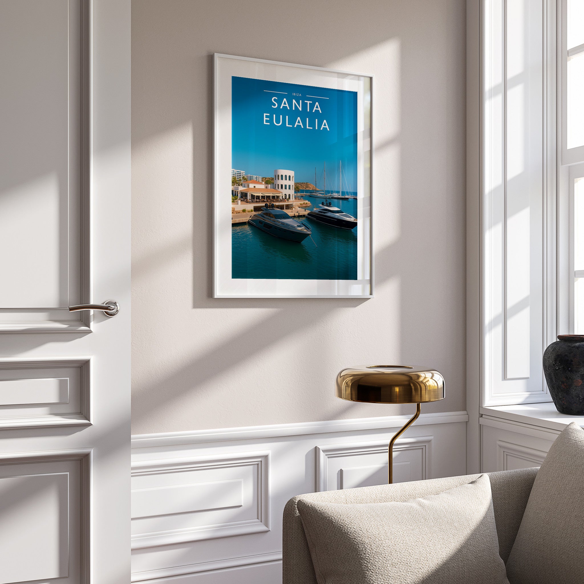 Santa Eulalia Travel Poster in a white frame on a panelled wall