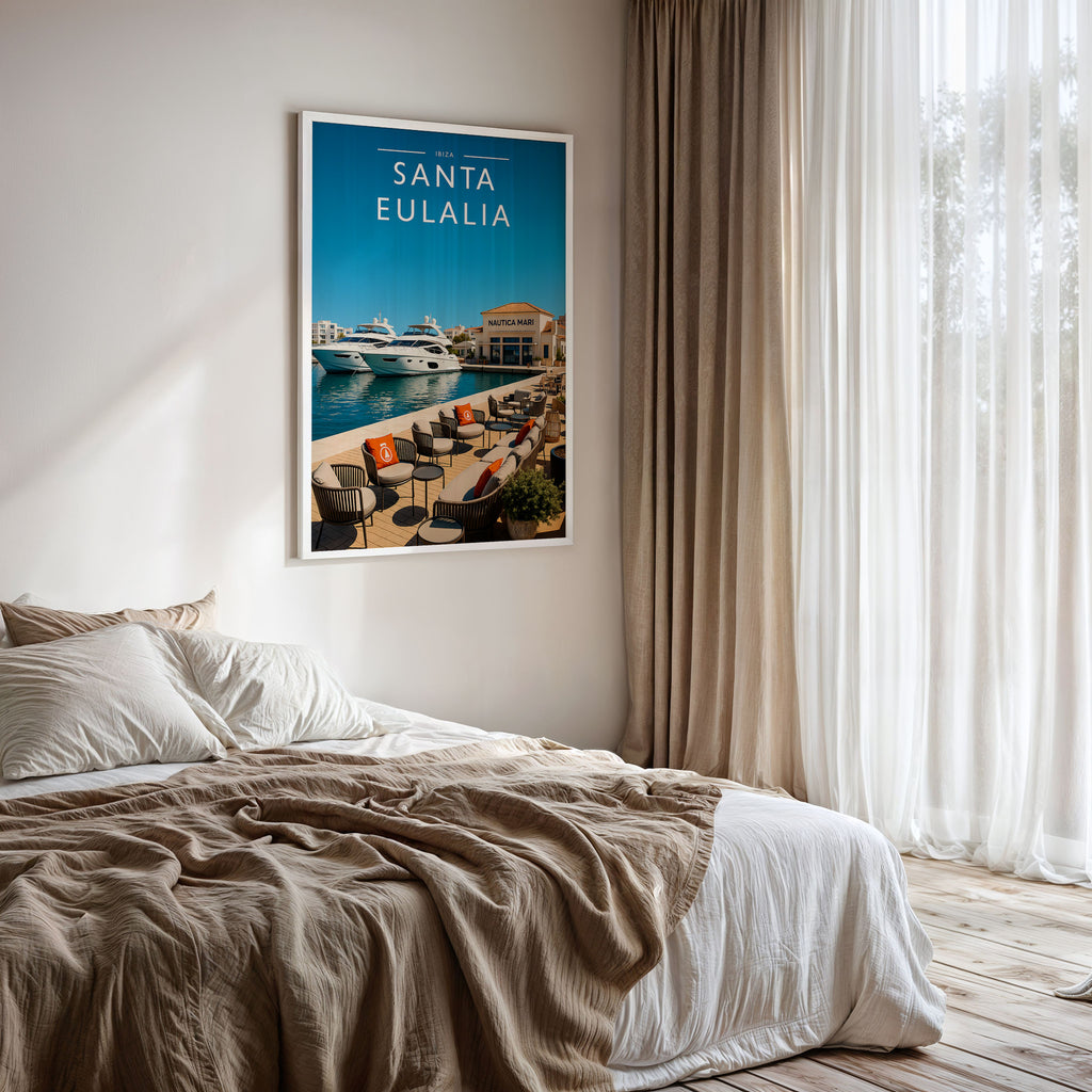 Santa Eulalia #2 Travel Poster framed on a bedroom wall