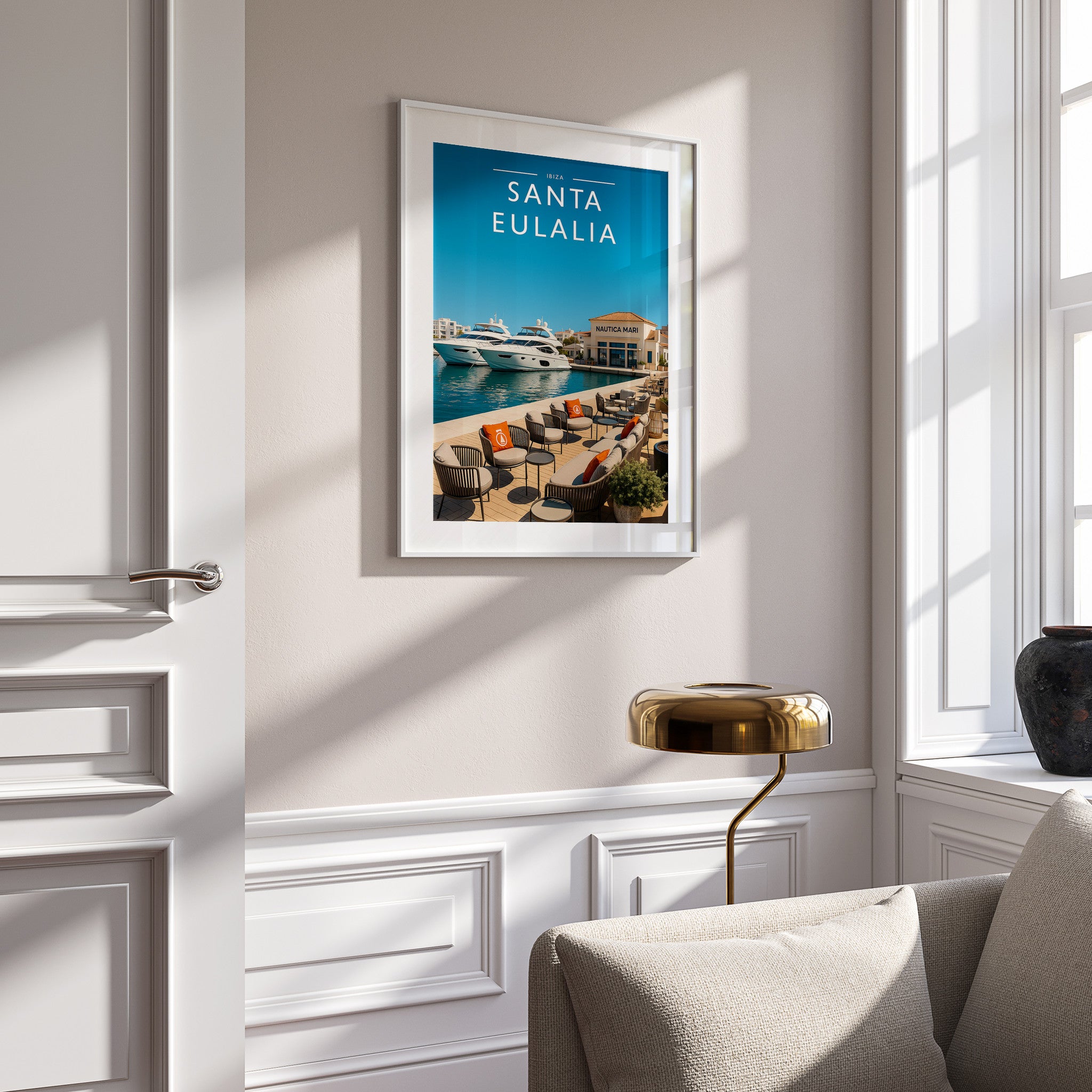 Santa Eulalia #2 Travel Poster in a white frame on a panelled wall