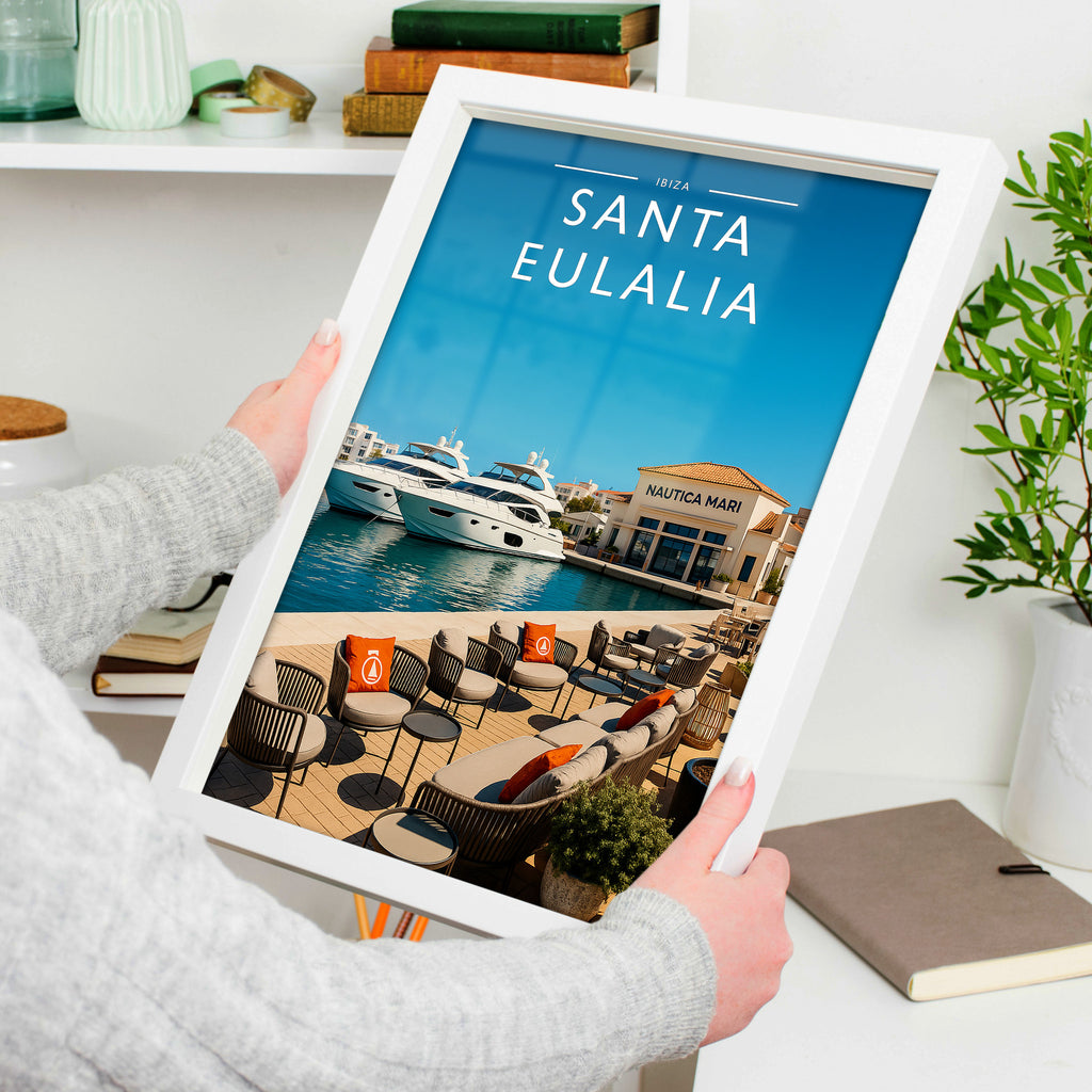 Santa Eulalia #2 Travel Poster in a white frame, held to show scale