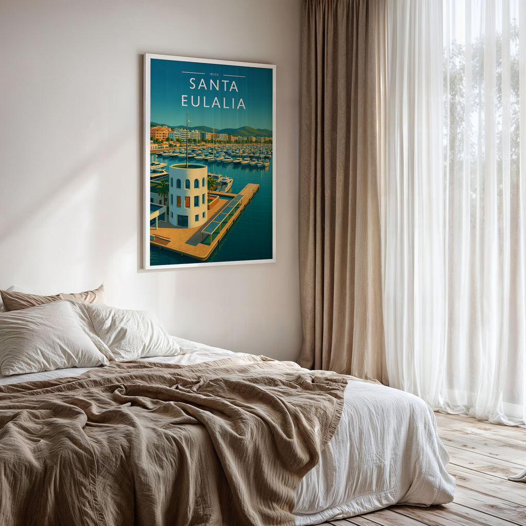 Santa Eulalia #3 Travel Poster framed on a bedroom wall