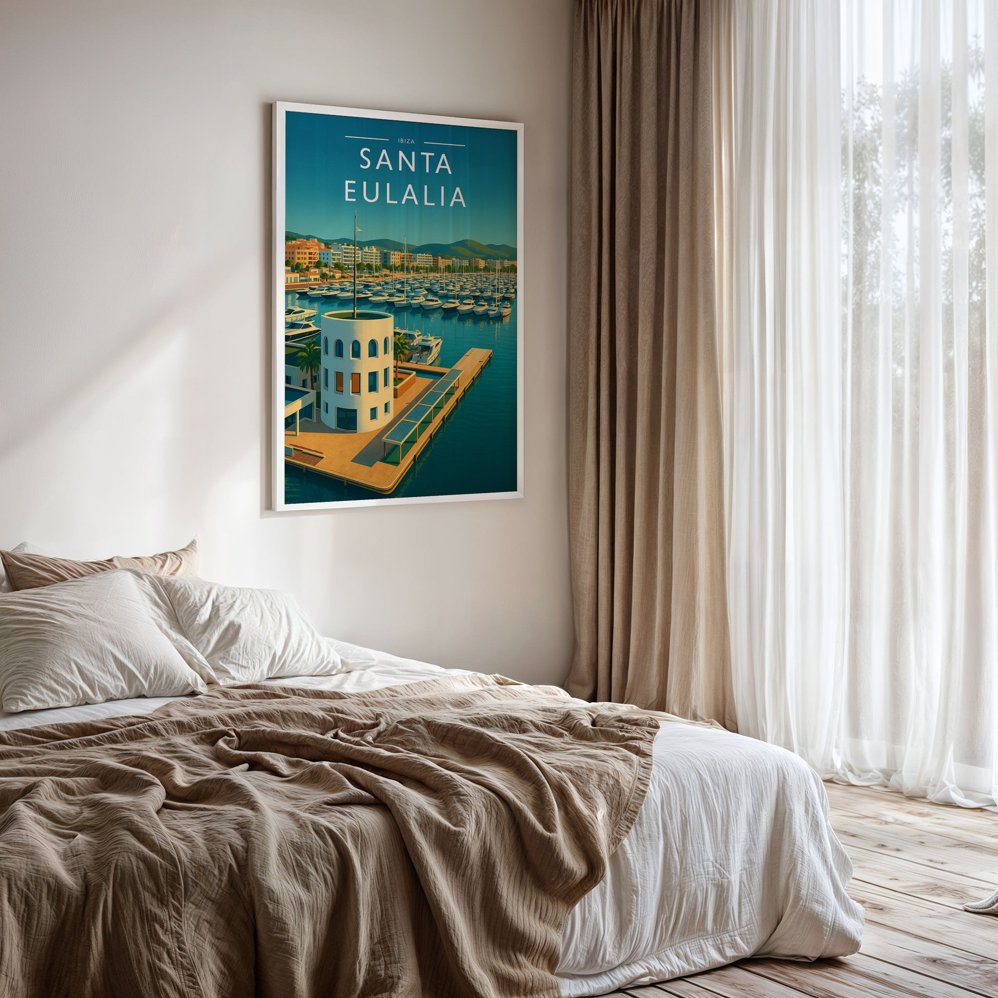 Santa Eulalia #3 Travel Poster framed on a bedroom wall