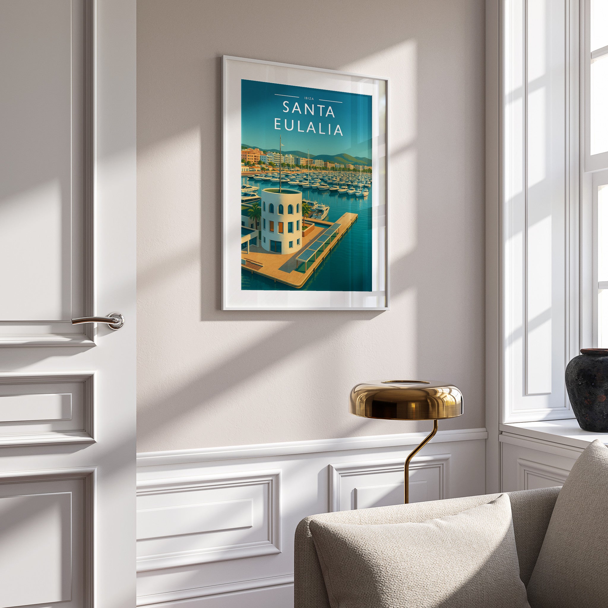 Santa Eulalia #3 Travel Poster in a white frame on a panelled wall