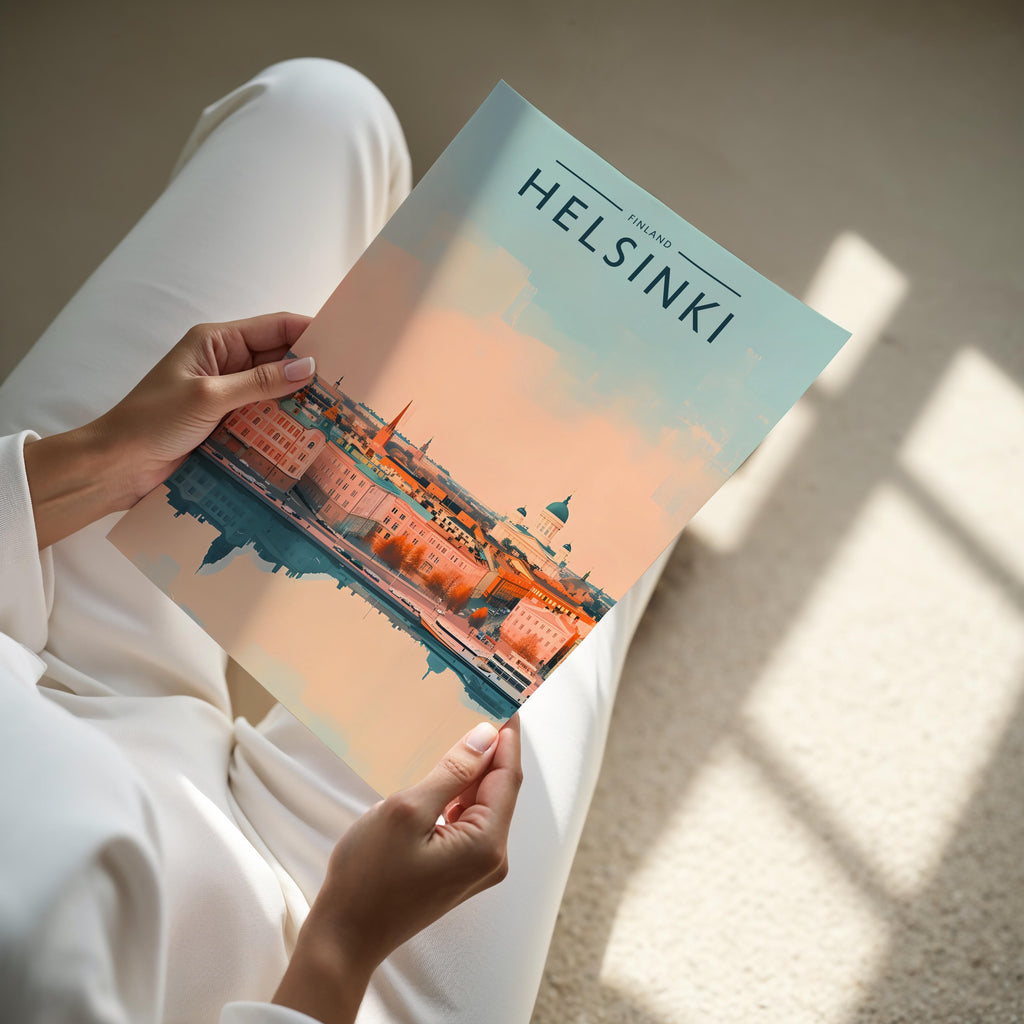 Helsinki Travel Poster - A4 print held in hand