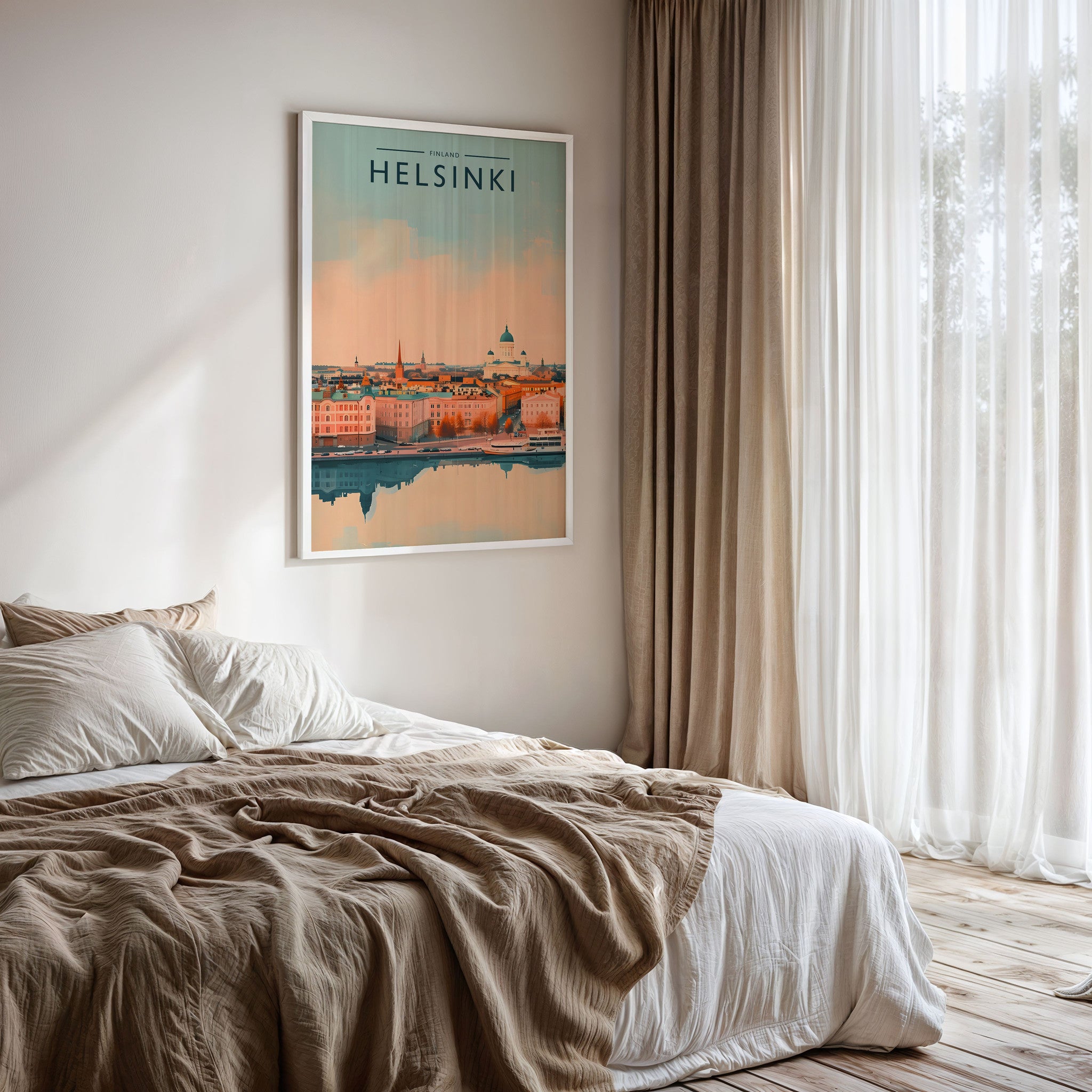 Helsinki Travel Poster framed on a bedroom wall