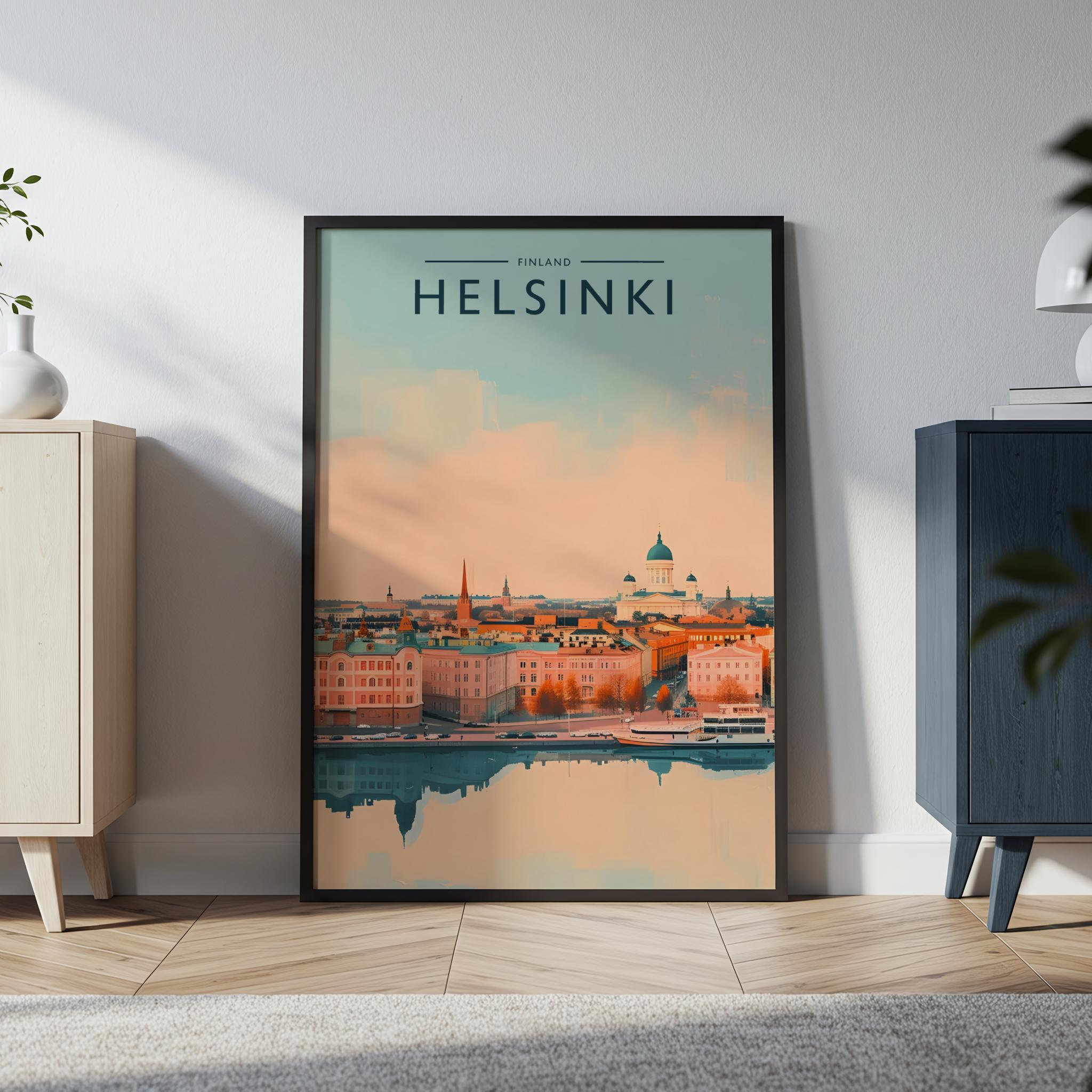 Helsinki Travel Poster in a black frame