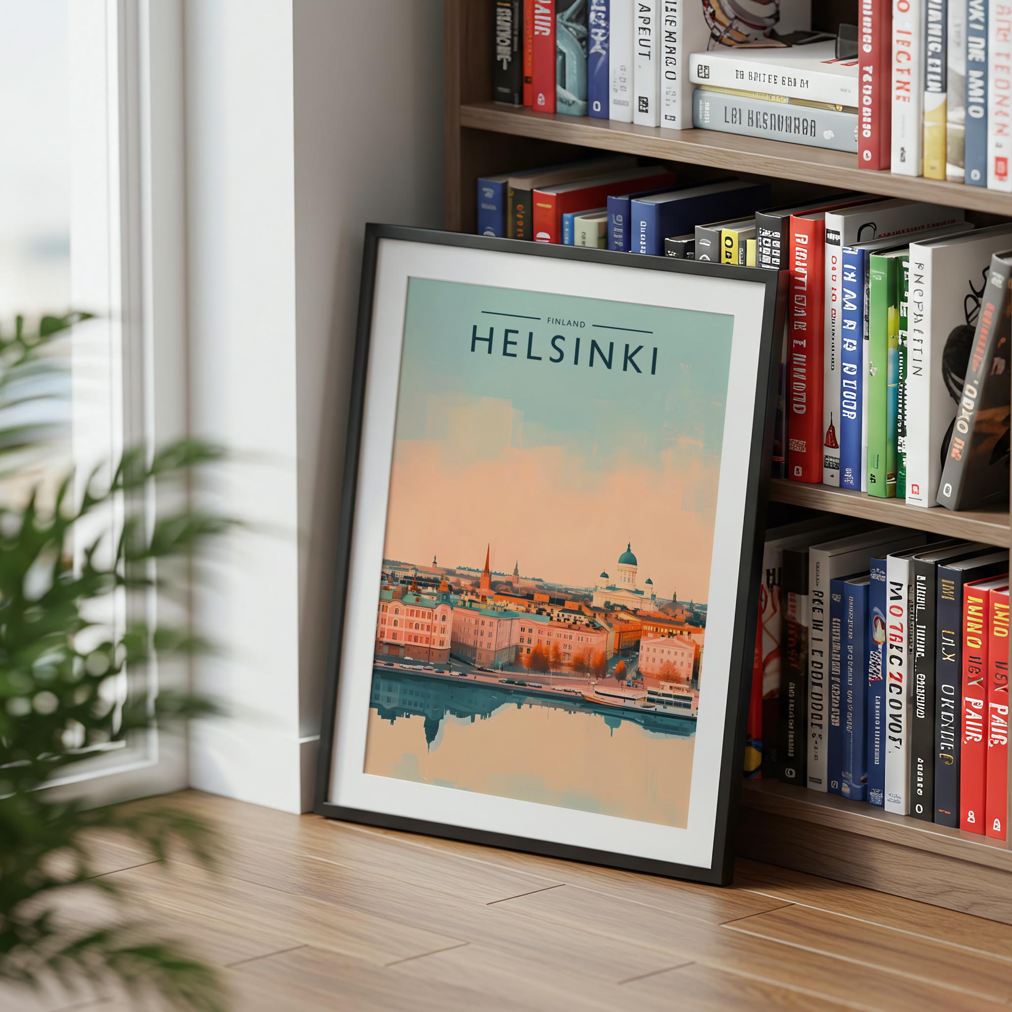 Helsinki Travel Poster mounted in a black frame