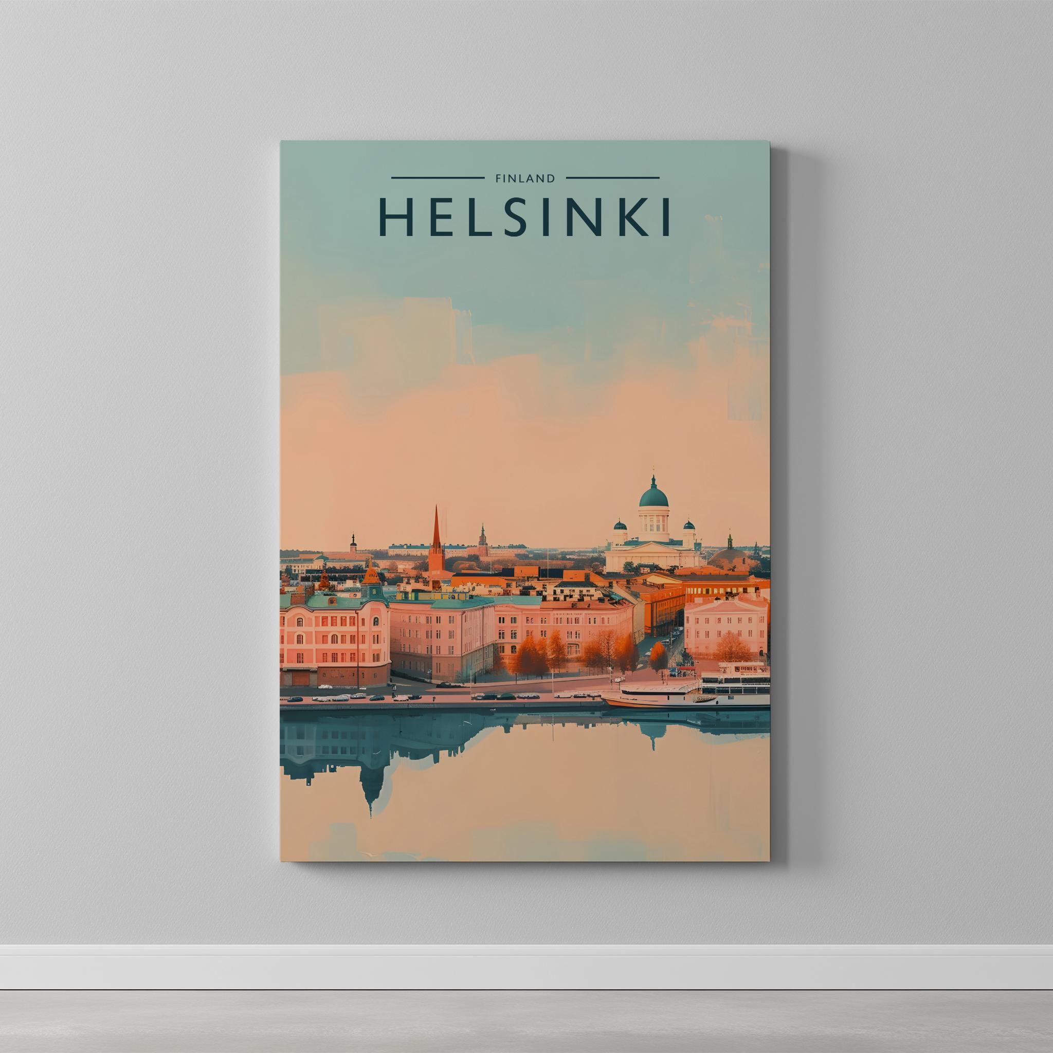 Helsinki Travel Poster as a gallery-wrapped canvas on a plain wall