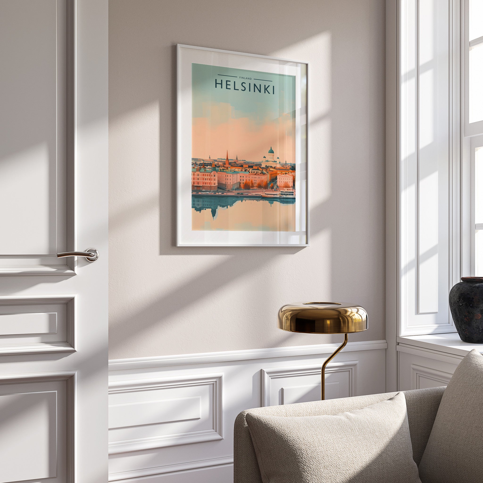 Helsinki Travel Poster in a white frame on a panelled wall