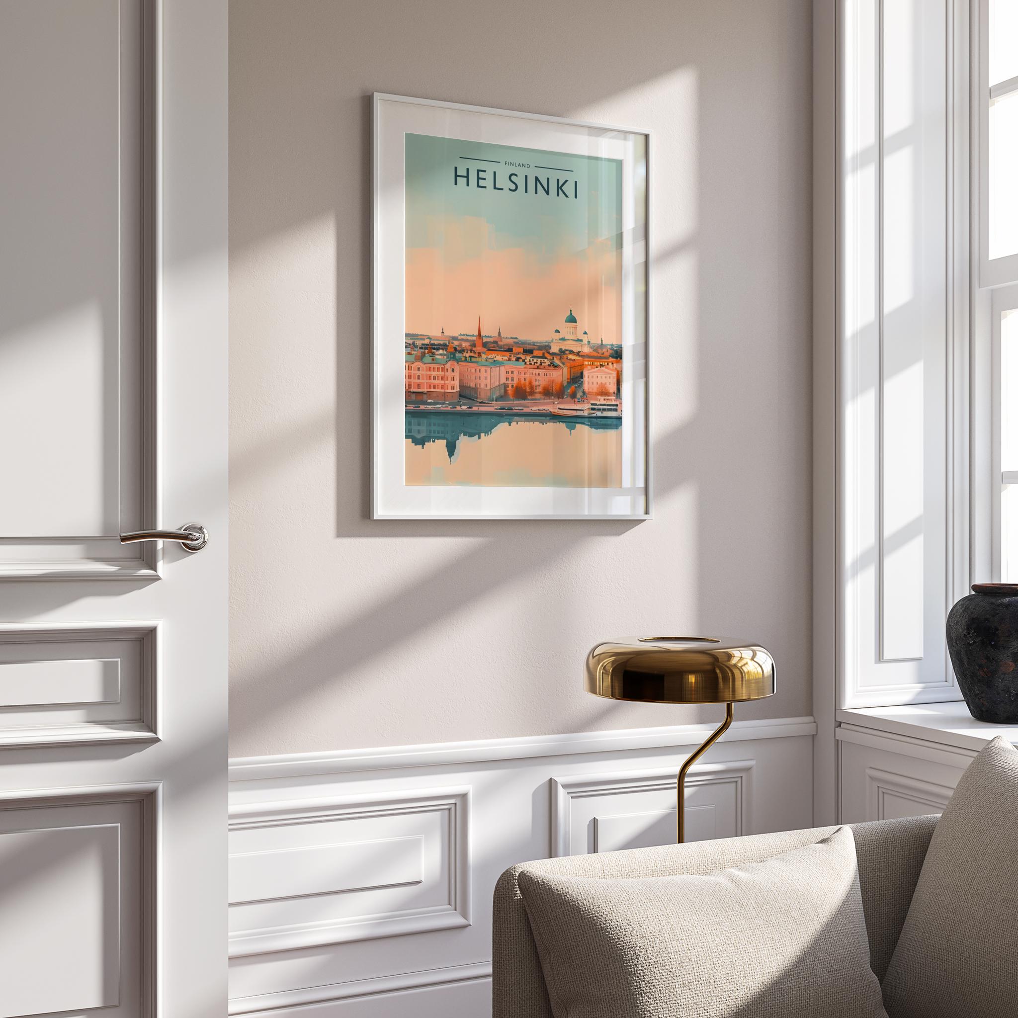 Helsinki Travel Poster mounted in a white frame