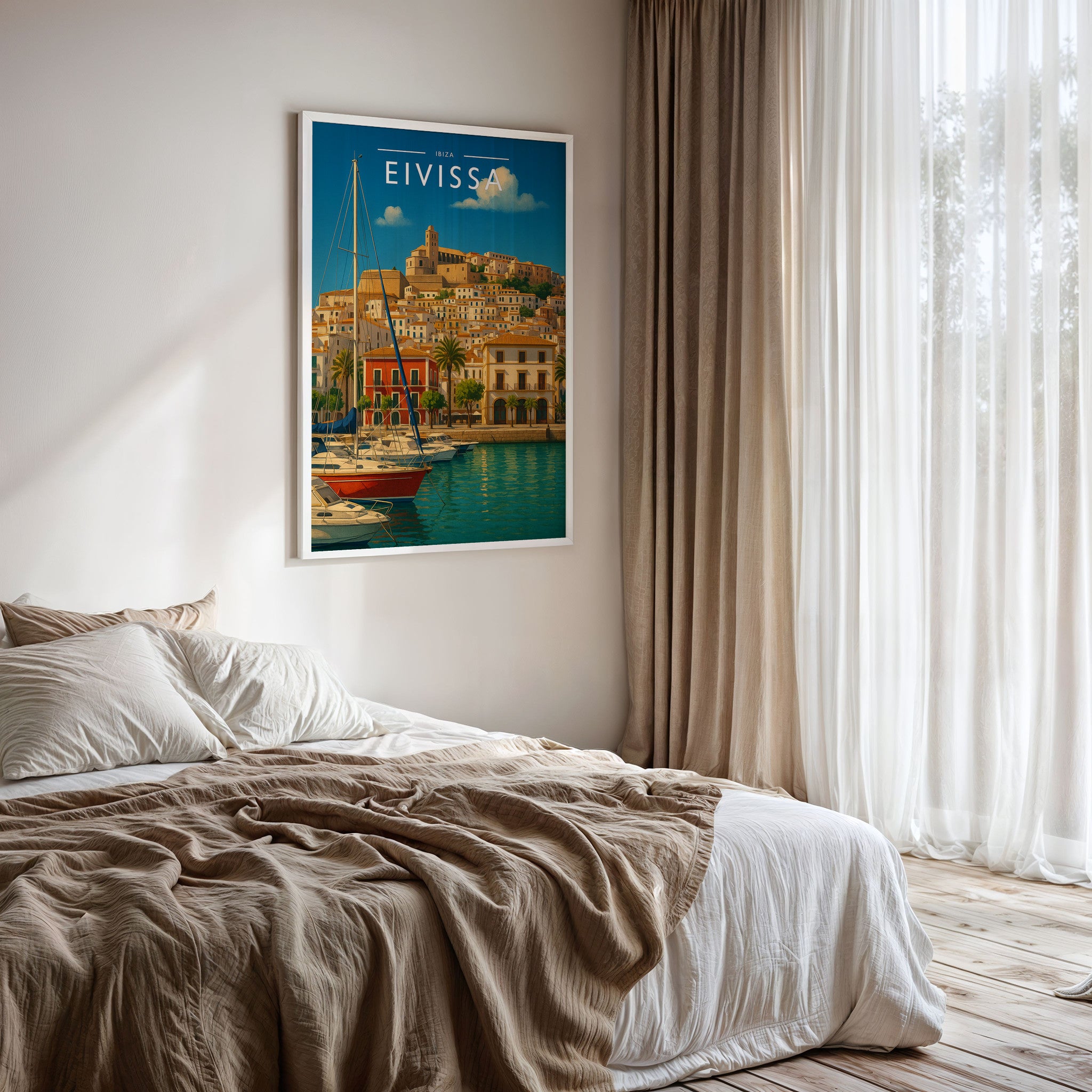 Eivissa #2 Travel Poster framed on a bedroom wall
