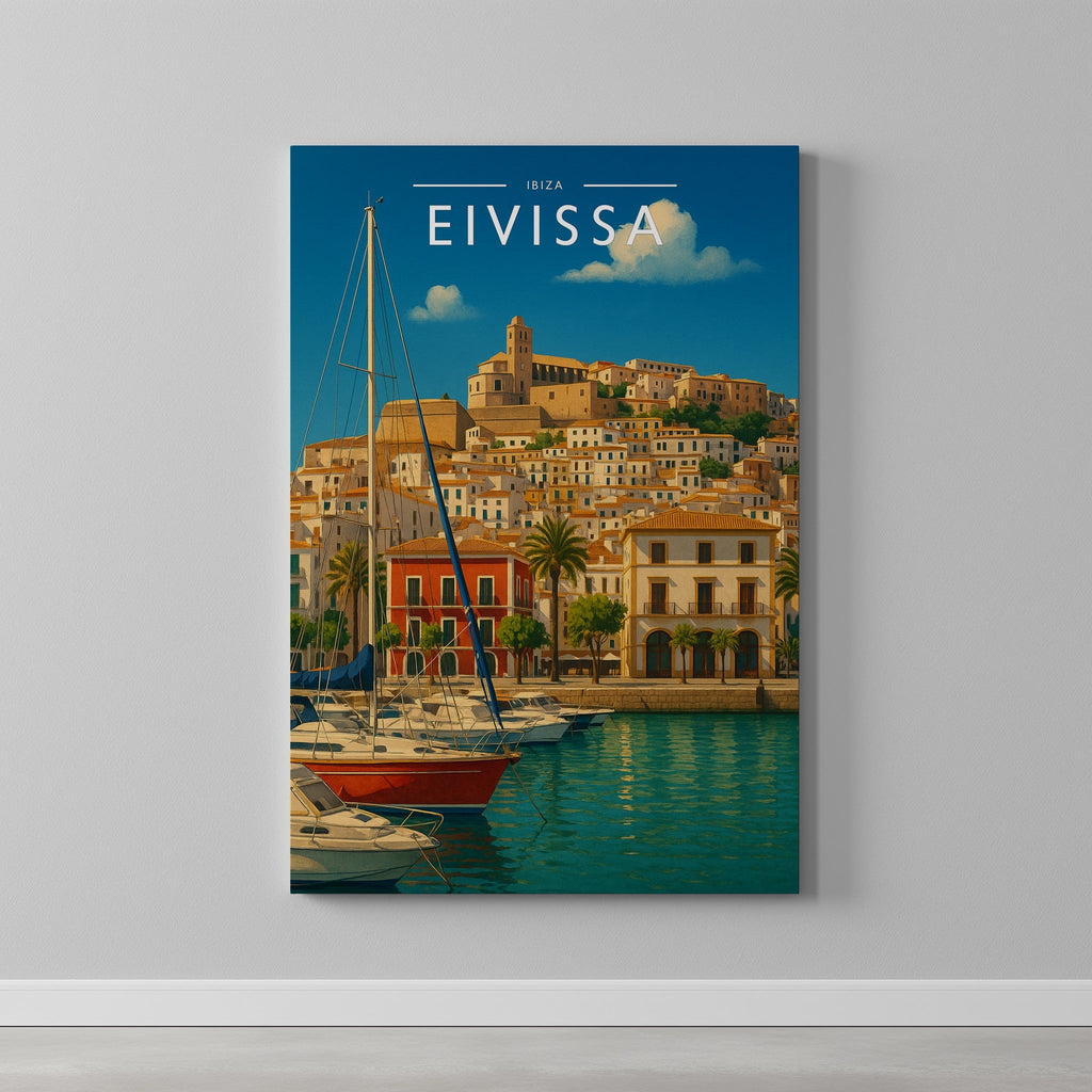 Eivissa #2 Travel Poster as a gallery-wrapped canvas on a plain wall
