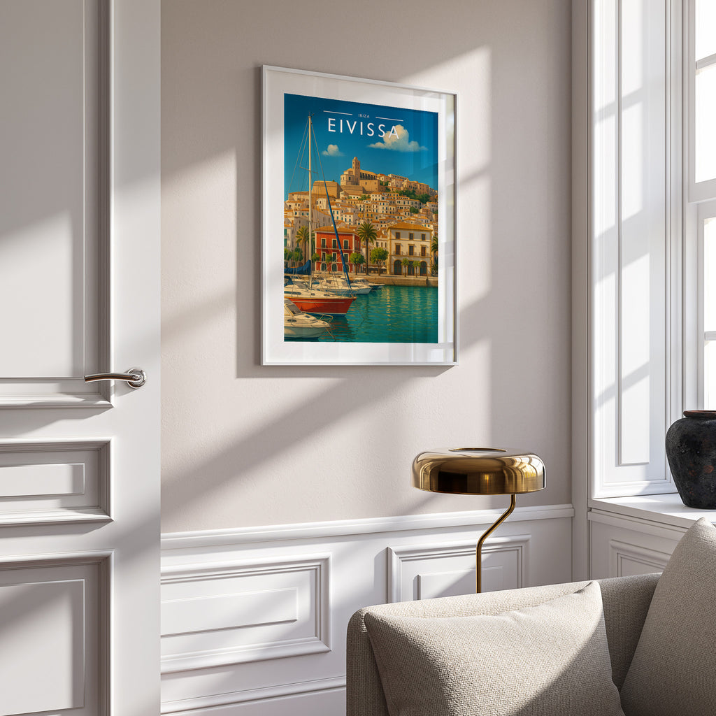 Eivissa #2 Travel Poster in a white frame on a panelled wall