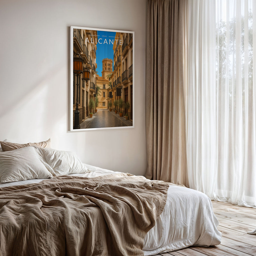Alicante #3 Travel Poster framed on a bedroom wall