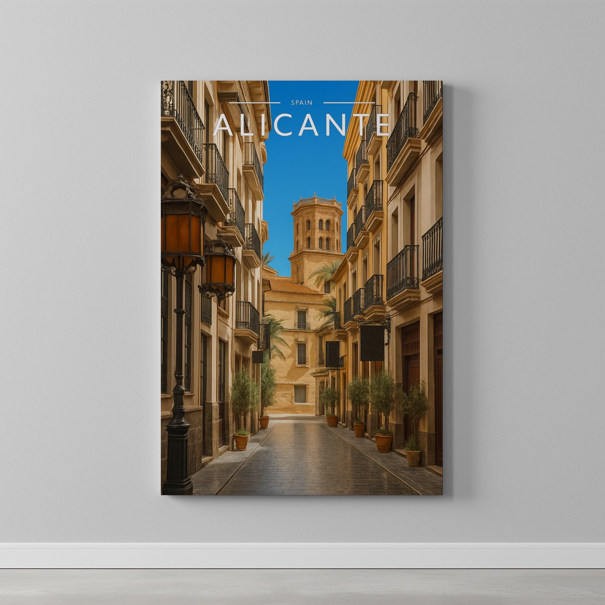 Alicante #3 Travel Poster as a gallery-wrapped canvas on a plain wall