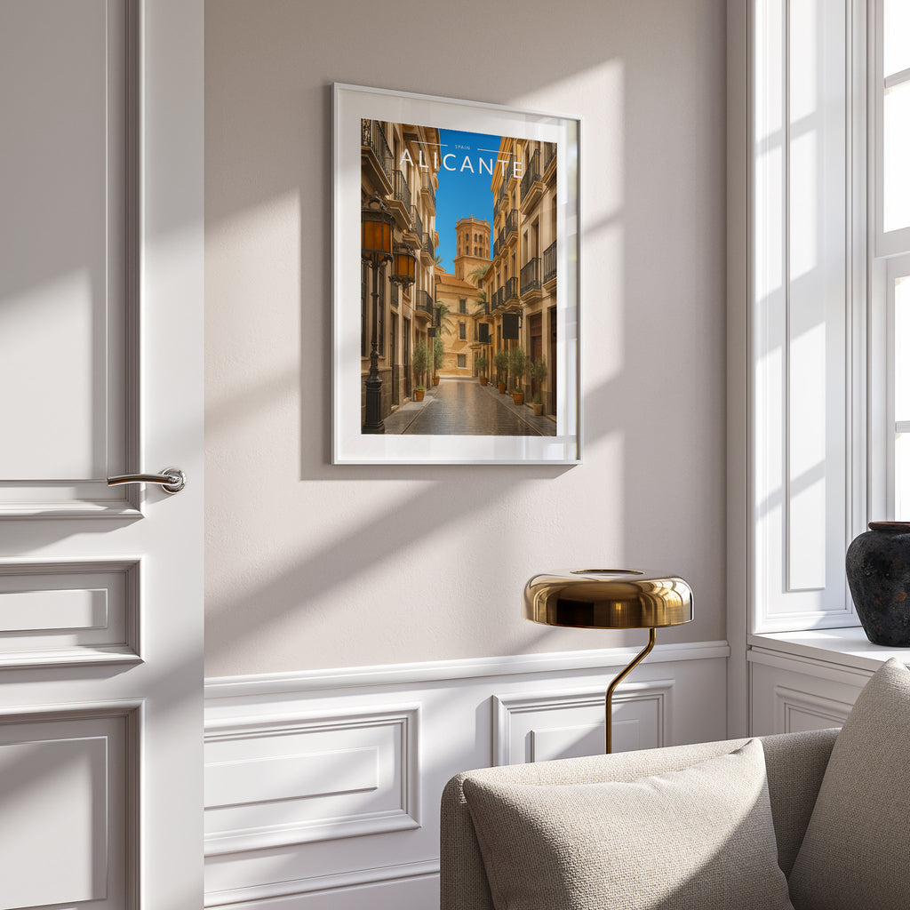 Alicante #3 Travel Poster in a white frame on a panelled wall