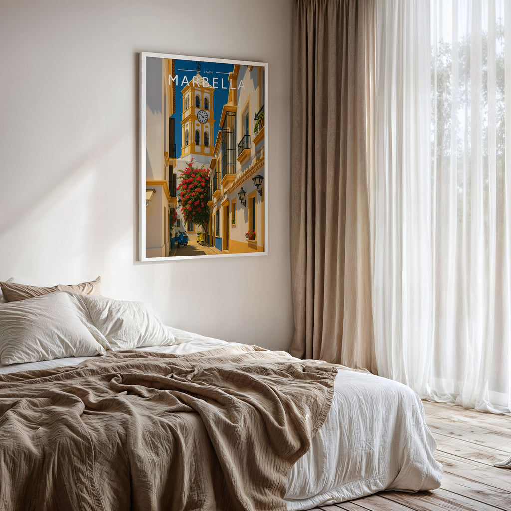 Marbella Travel Poster framed on a bedroom wall