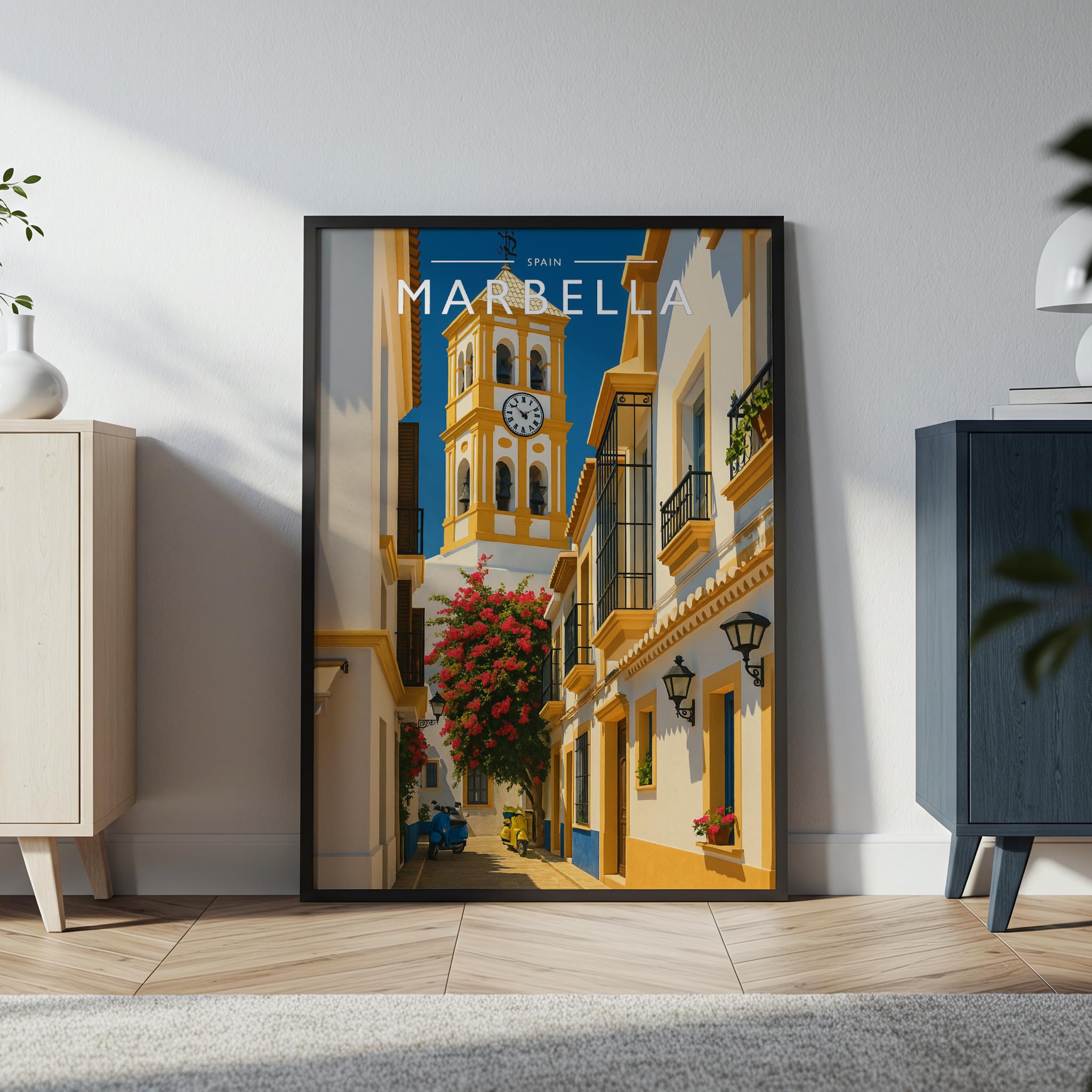 Marbella Travel Poster in a black frame