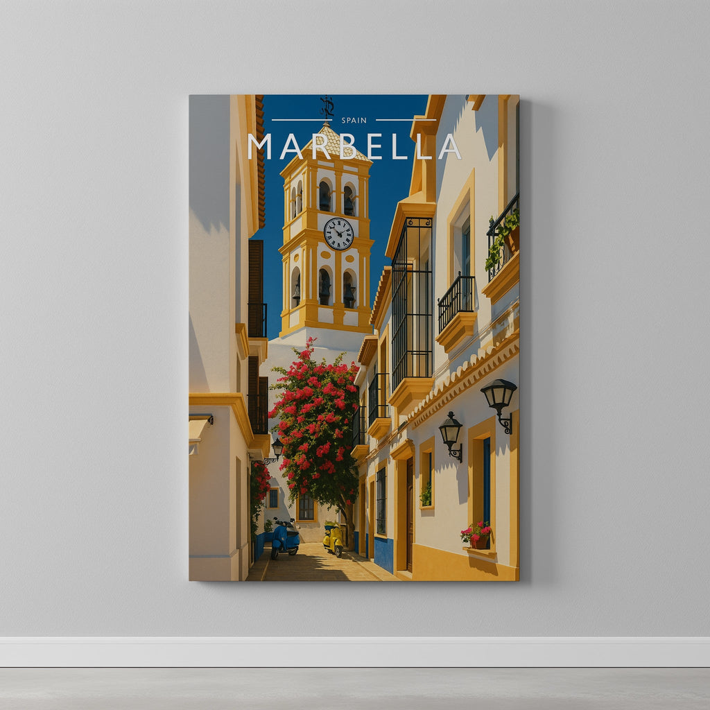 Marbella Travel Poster as a gallery-wrapped canvas on a plain wall