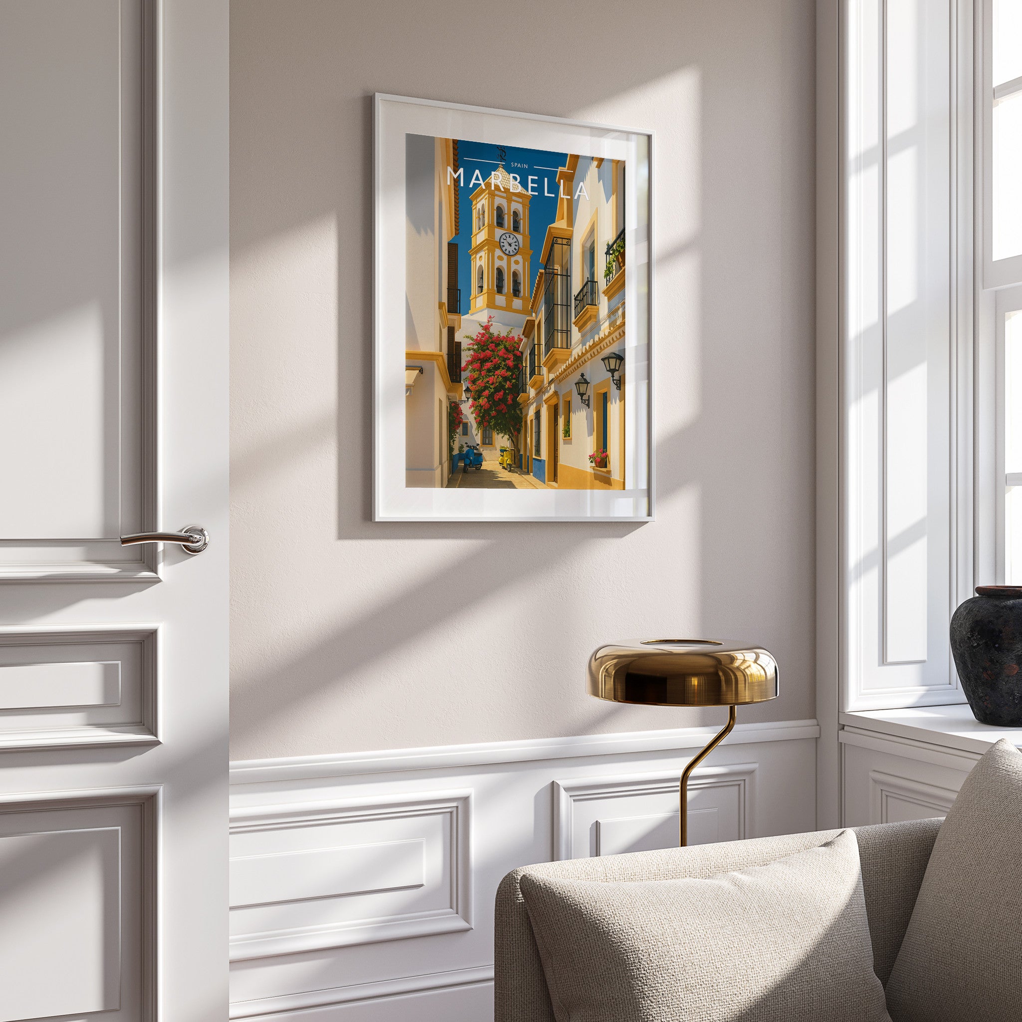 Marbella Travel Poster in a white frame on a panelled wall