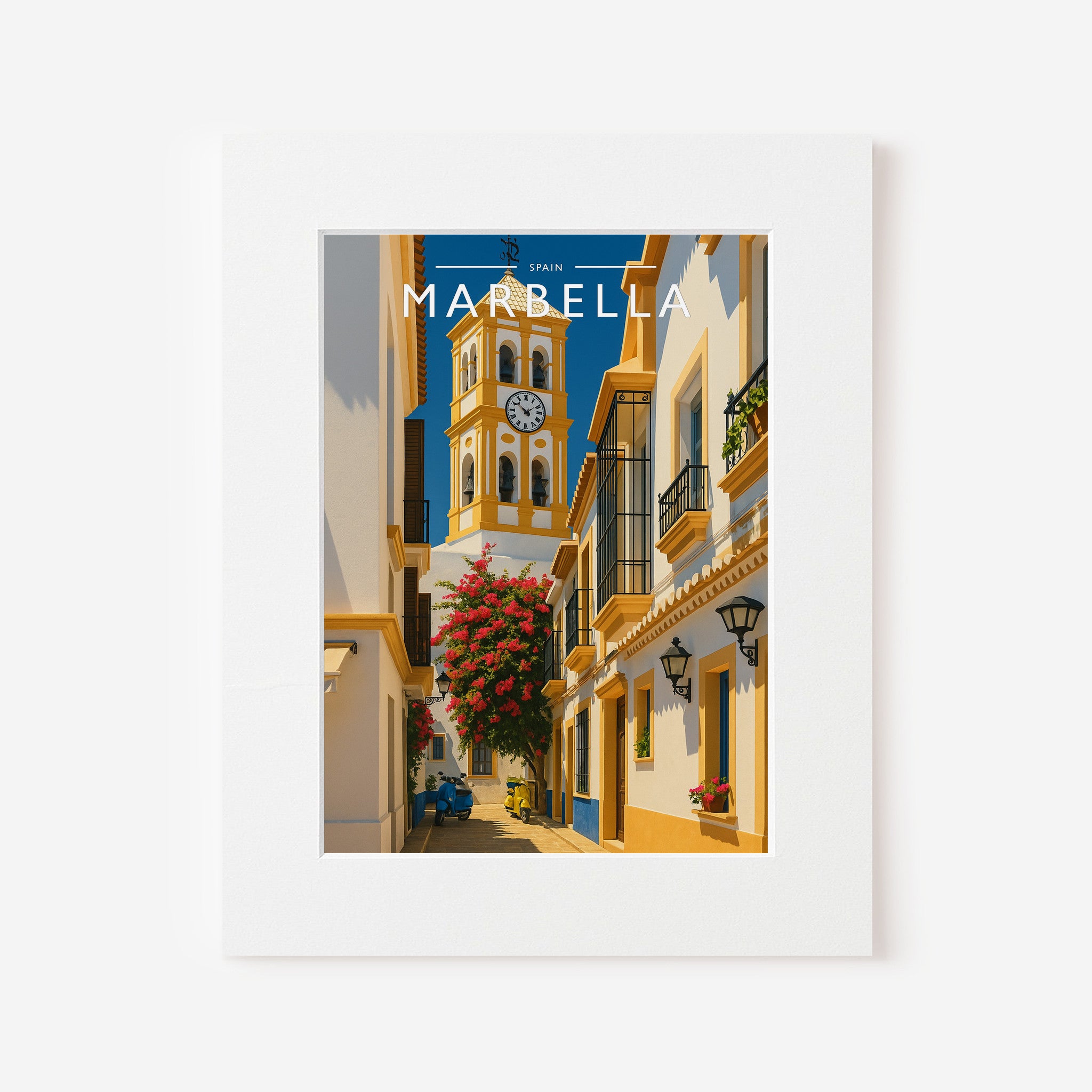 Marbella Travel Poster in a white mount