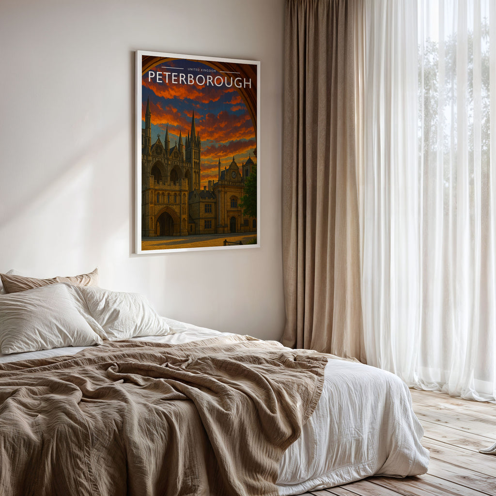 Peterborough Travel Poster framed on a bedroom wall