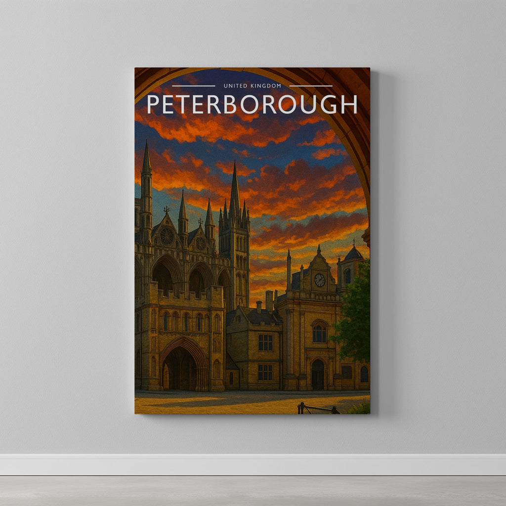 Peterborough Travel Poster as a gallery-wrapped canvas on a plain wall