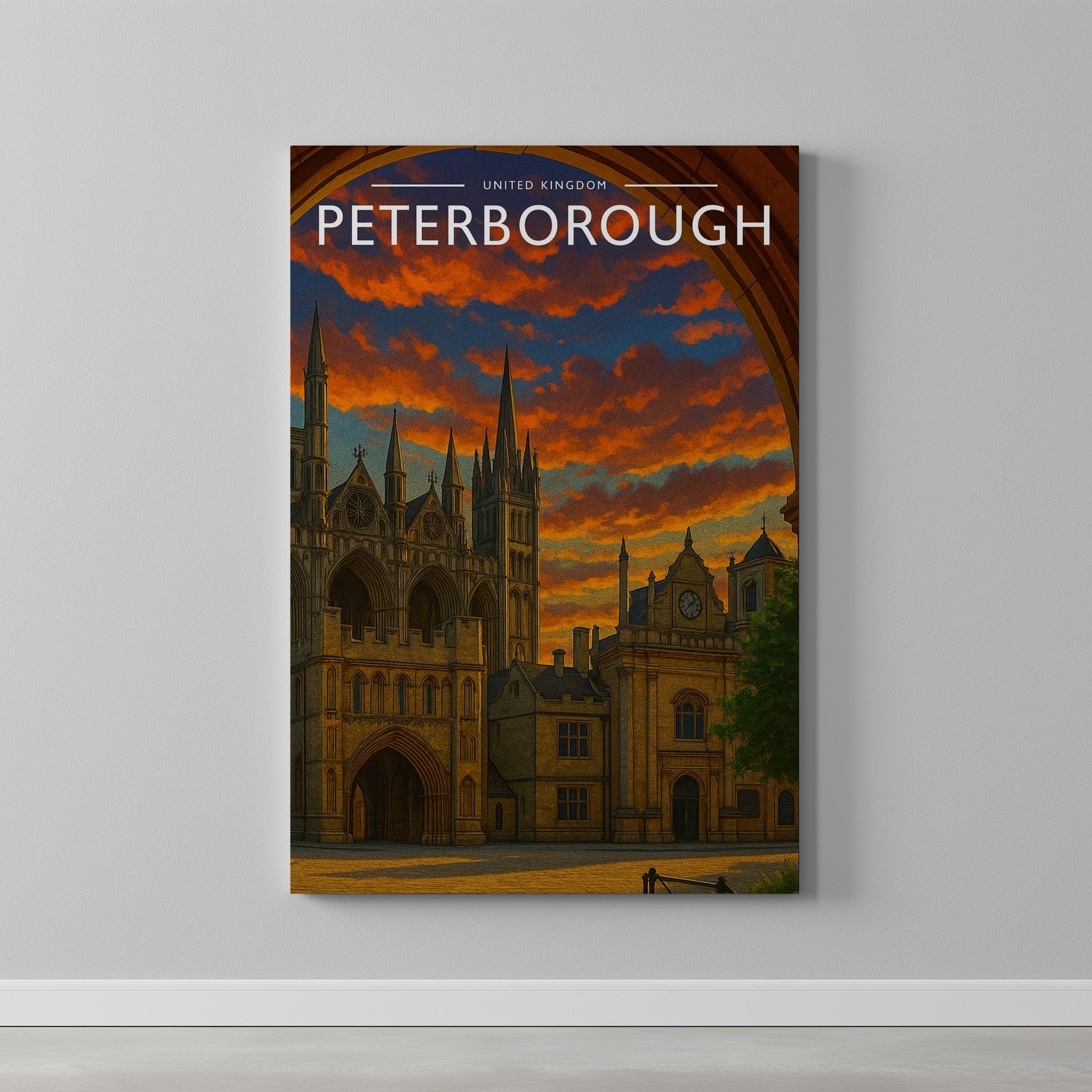 Peterborough Travel Poster as a gallery-wrapped canvas on a plain wall
