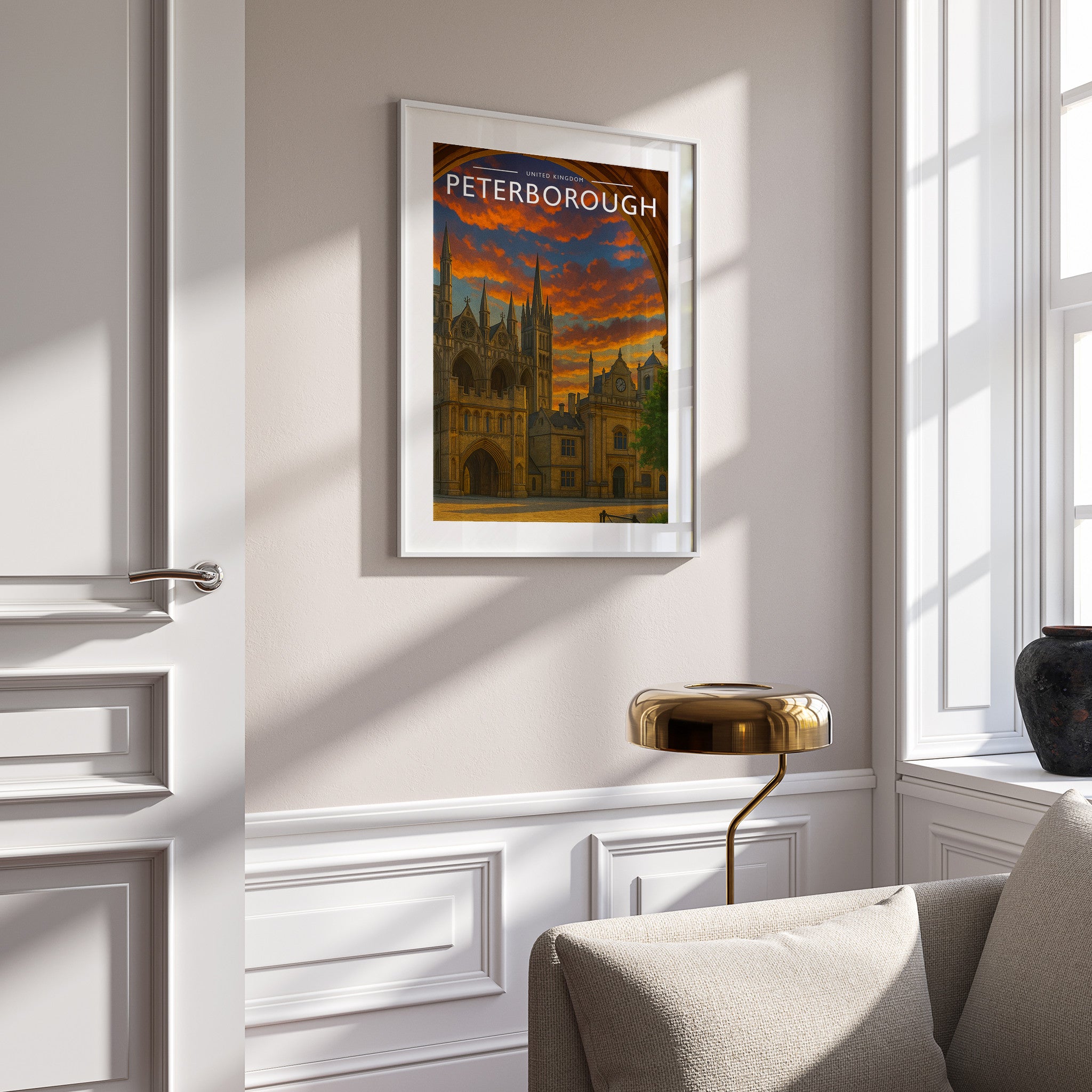 Peterborough Travel Poster in a white frame on a panelled wall