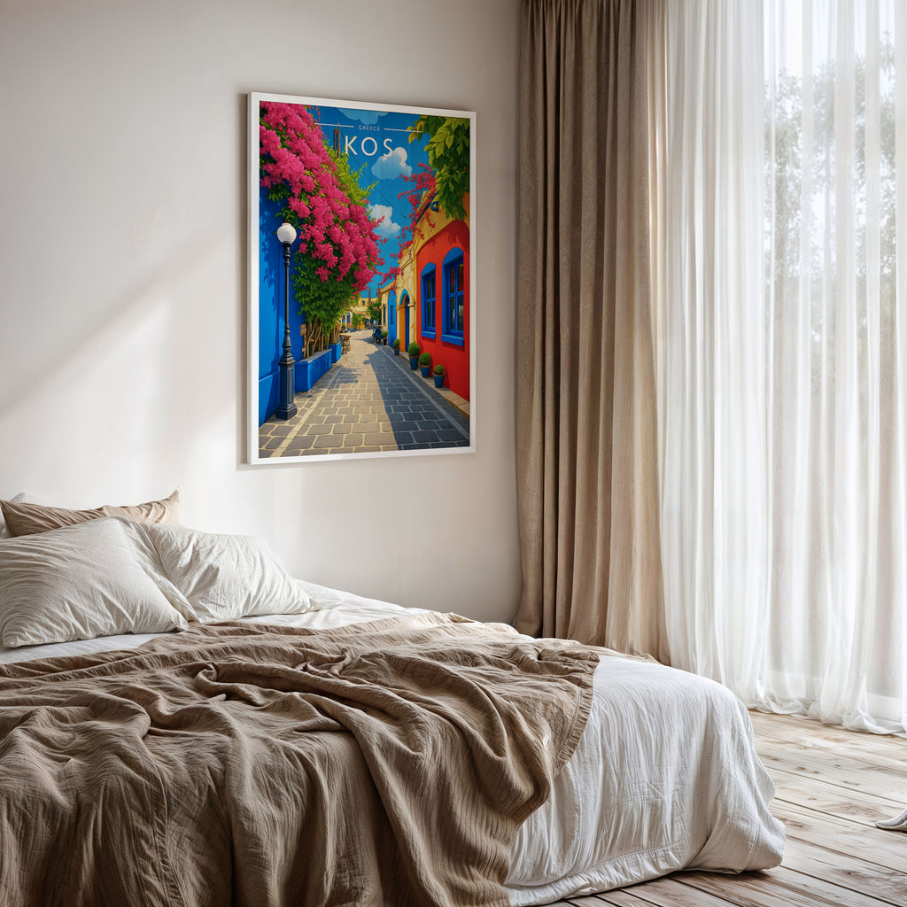 Kos Travel Poster framed on a bedroom wall