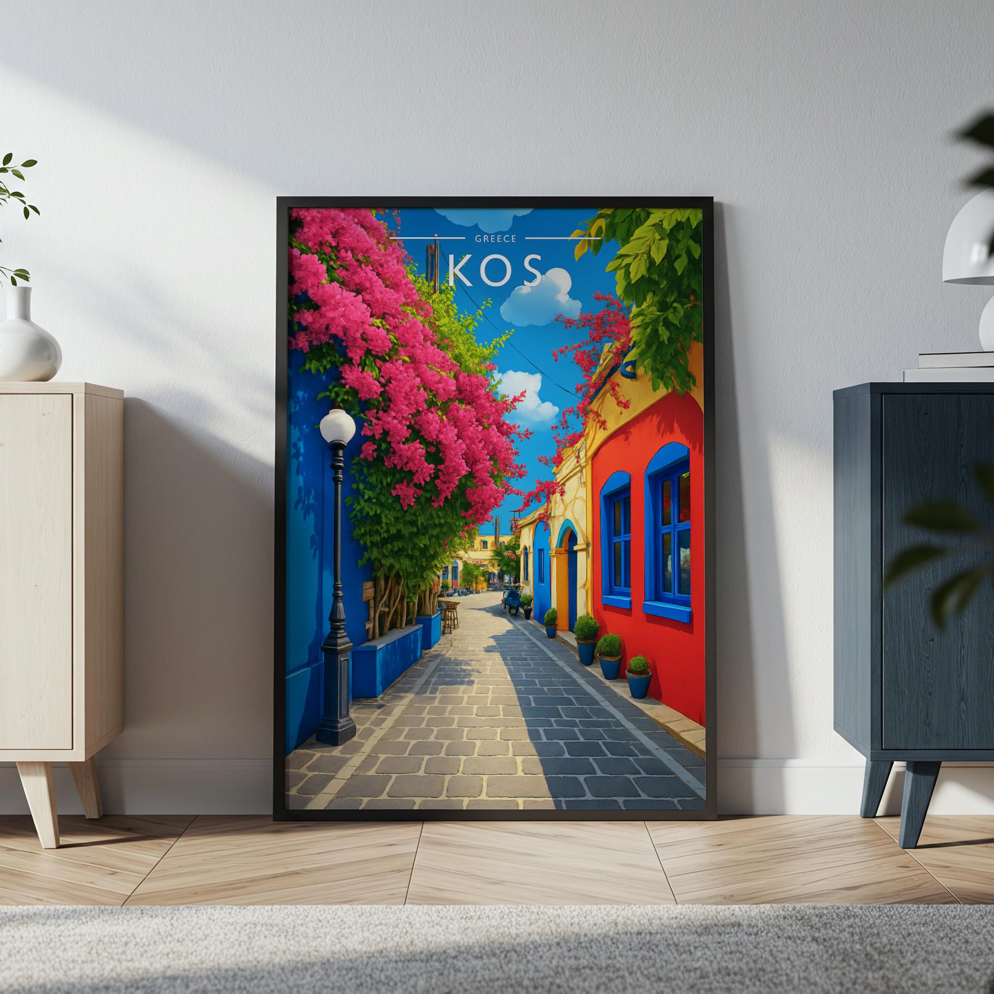 Kos Travel Poster in a black frame