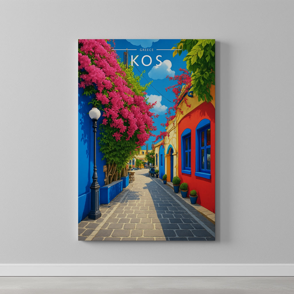 Kos Travel Poster as a gallery-wrapped canvas on a plain wall