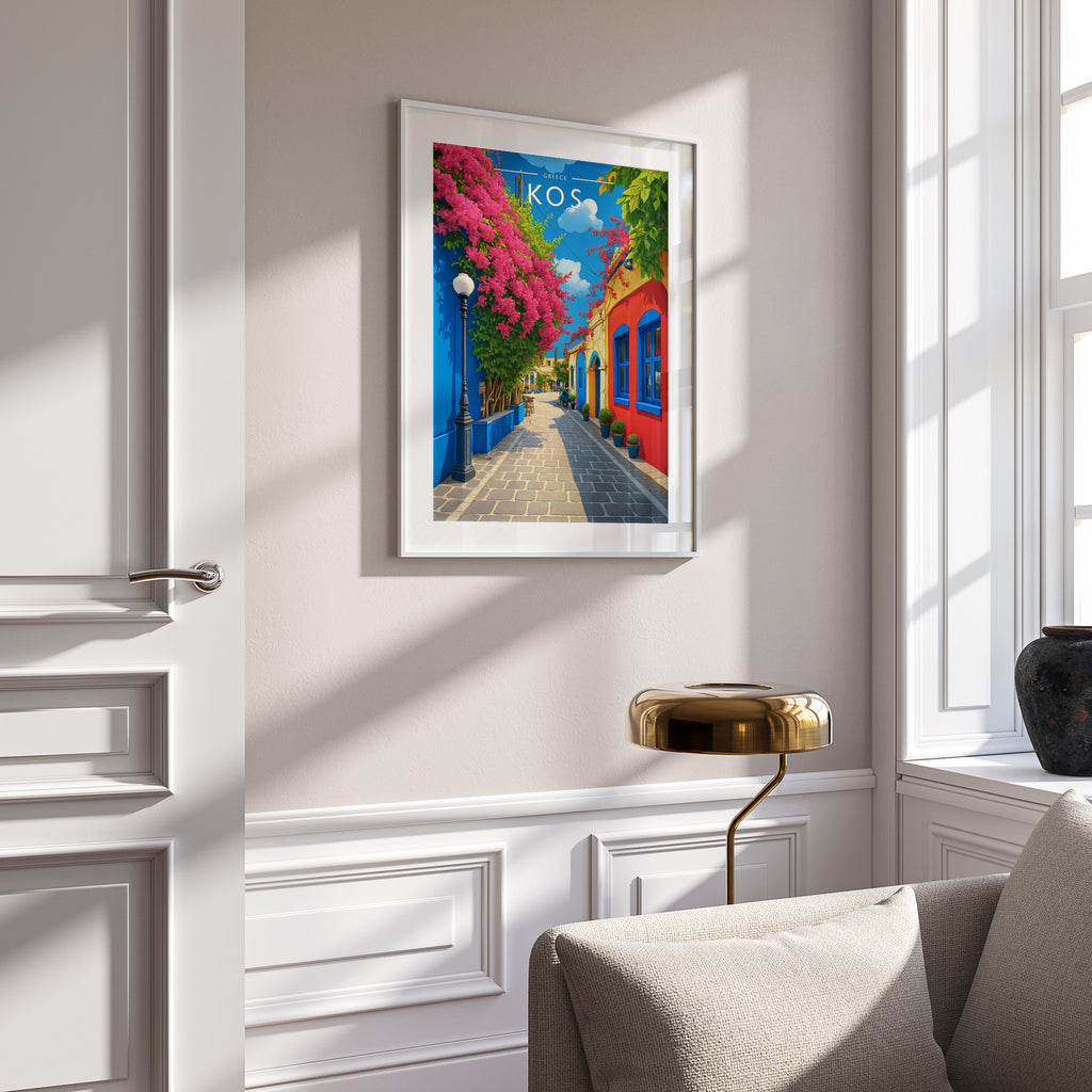 Kos Travel Poster in a white frame on a panelled wall