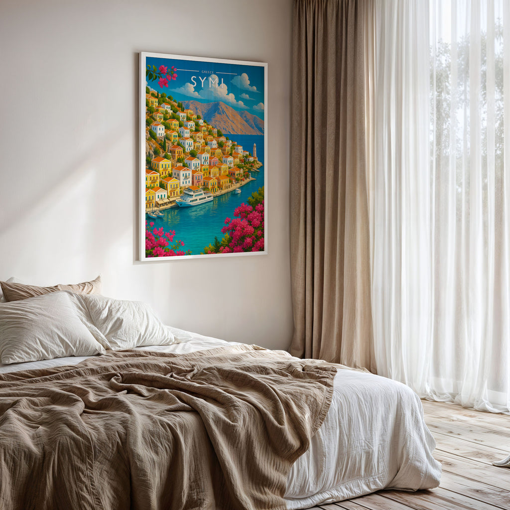 Symi Travel Poster framed on a bedroom wall