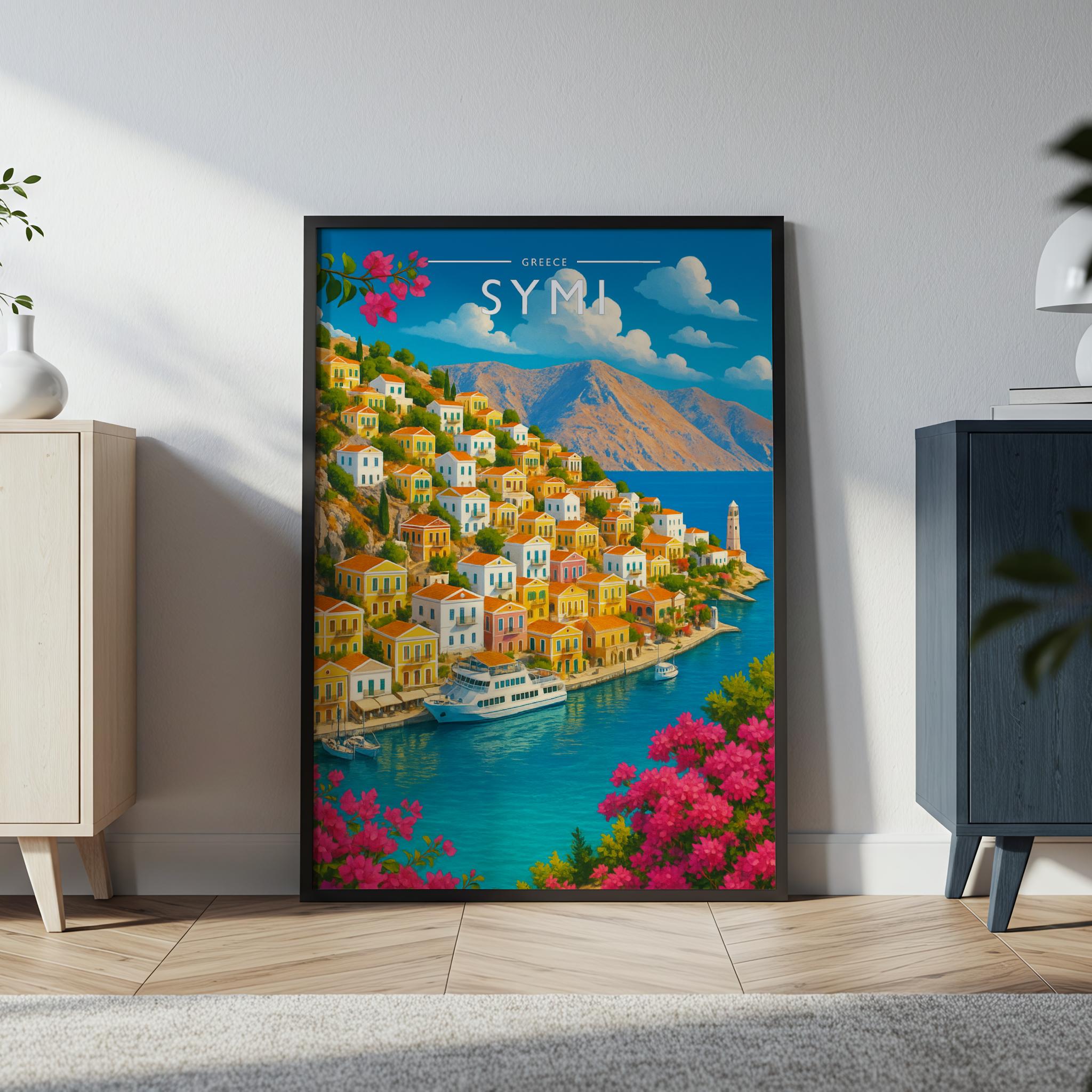 Symi Travel Poster in a black frame