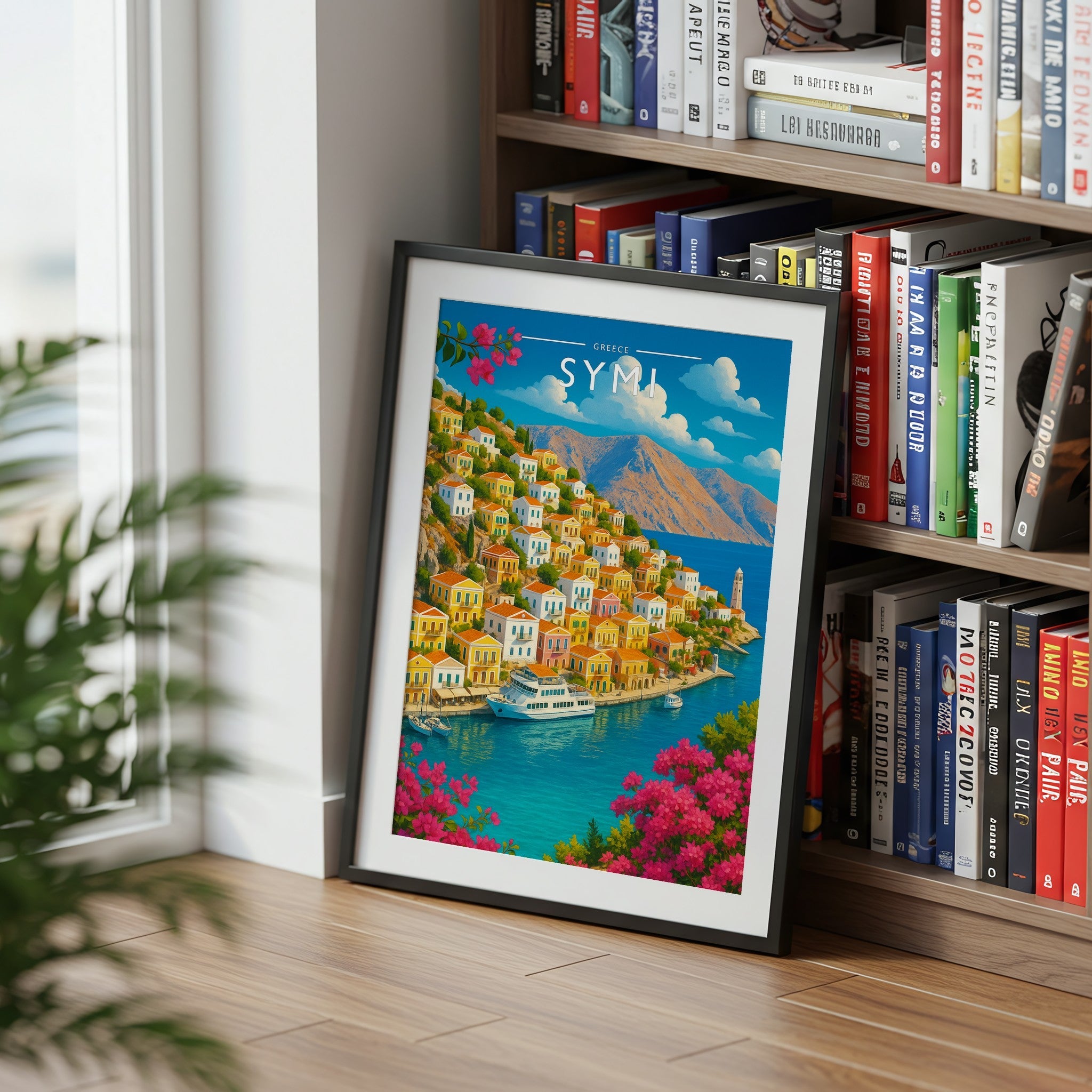 Symi Travel Poster mounted in a black frame