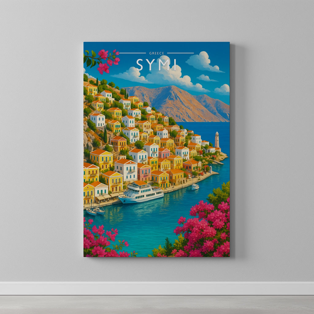 Symi Travel Poster as a gallery-wrapped canvas on a plain wall