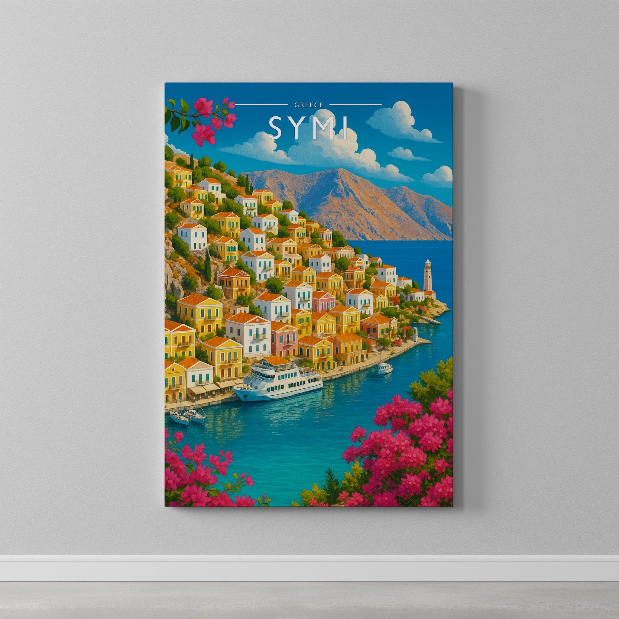 Symi Travel Poster as a gallery-wrapped canvas on a plain wall