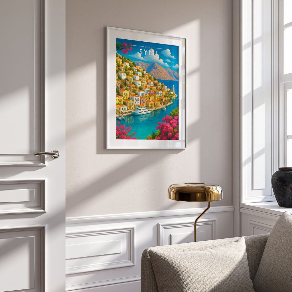 Symi Travel Poster in a white frame on a panelled wall