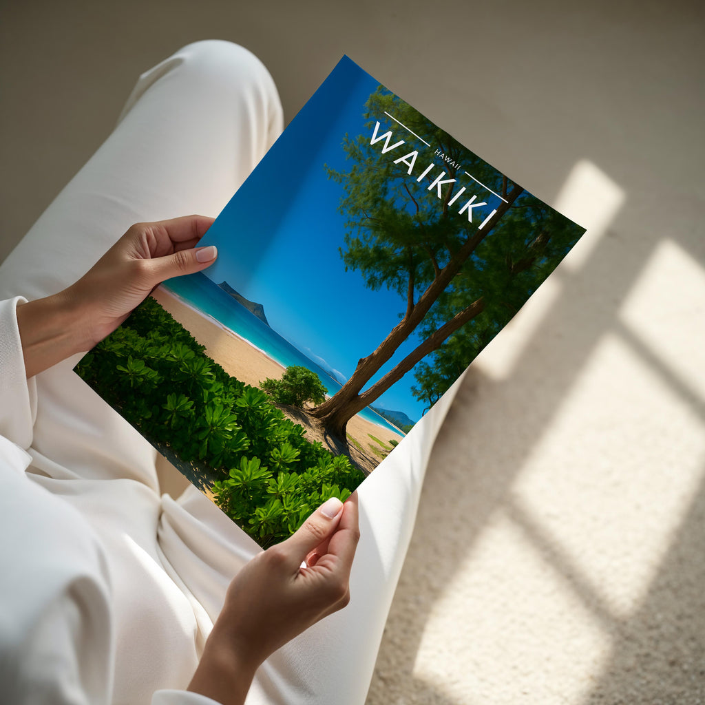 Waikiki Travel Poster - A4 print held in hand