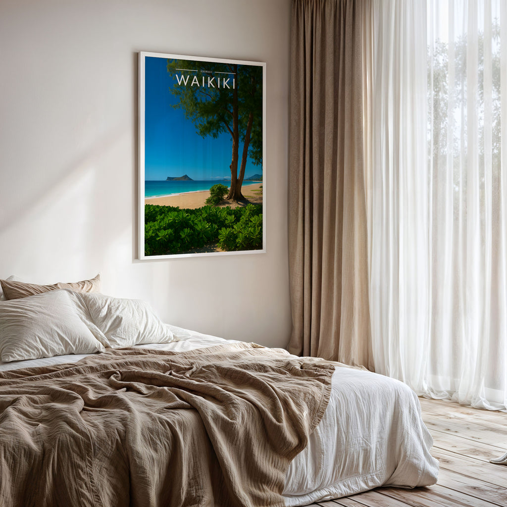 Waikiki Travel Poster framed on a bedroom wall