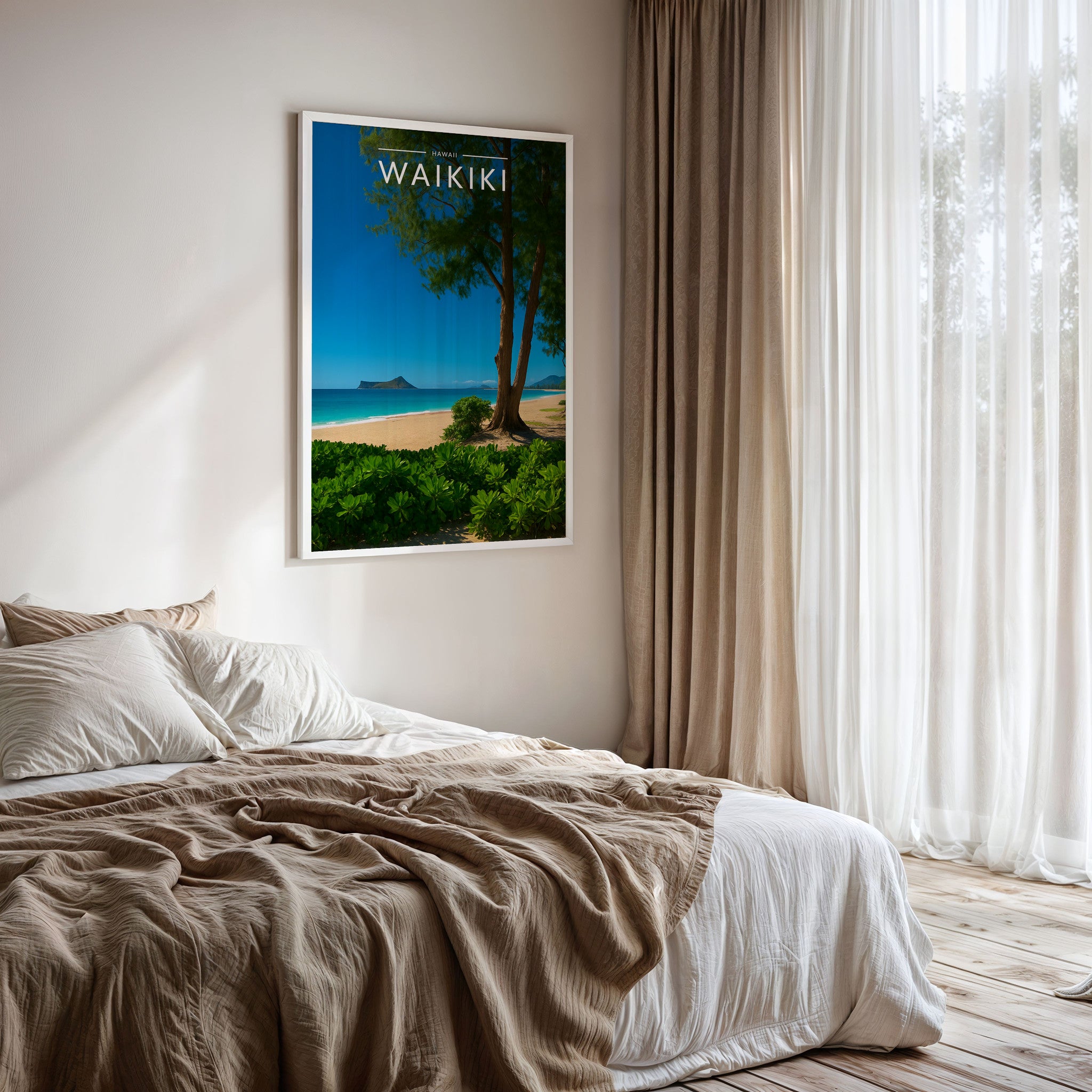 Waikiki Travel Poster framed on a bedroom wall