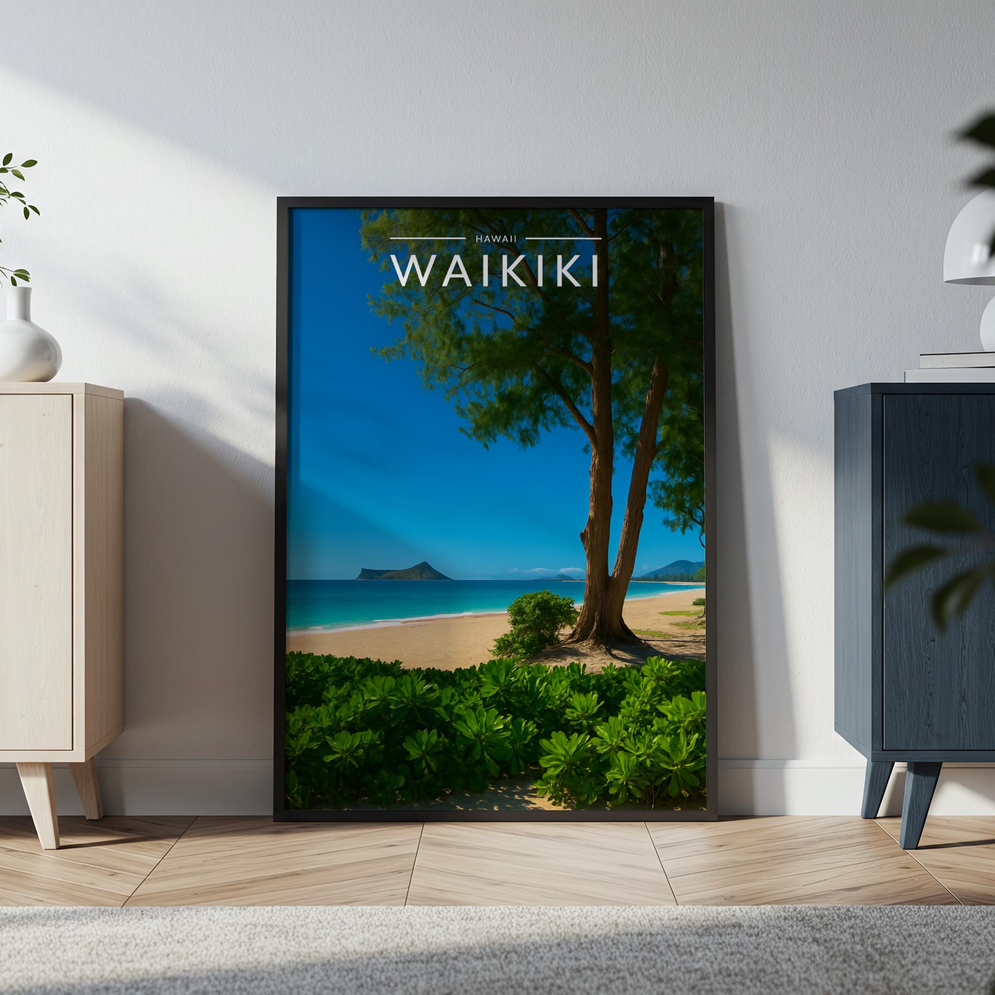 Waikiki Travel Poster in a black frame