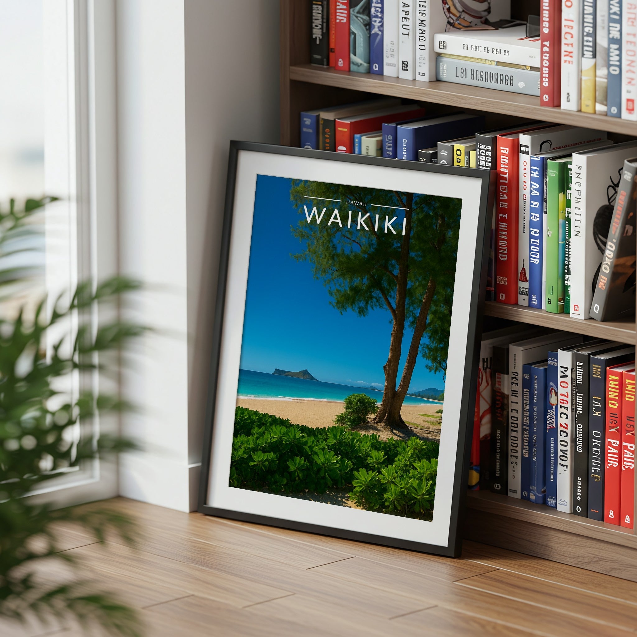 Waikiki Travel Poster mounted in a black frame