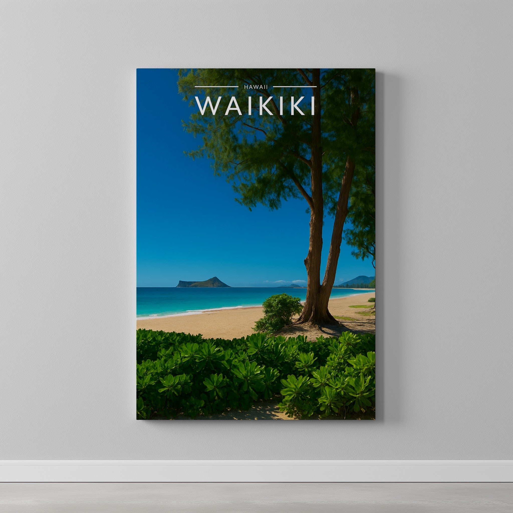 Waikiki Travel Poster as a gallery-wrapped canvas on a plain wall