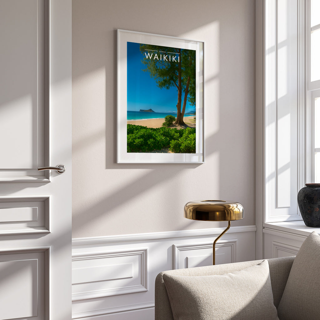 Waikiki Travel Poster in a white frame on a panelled wall