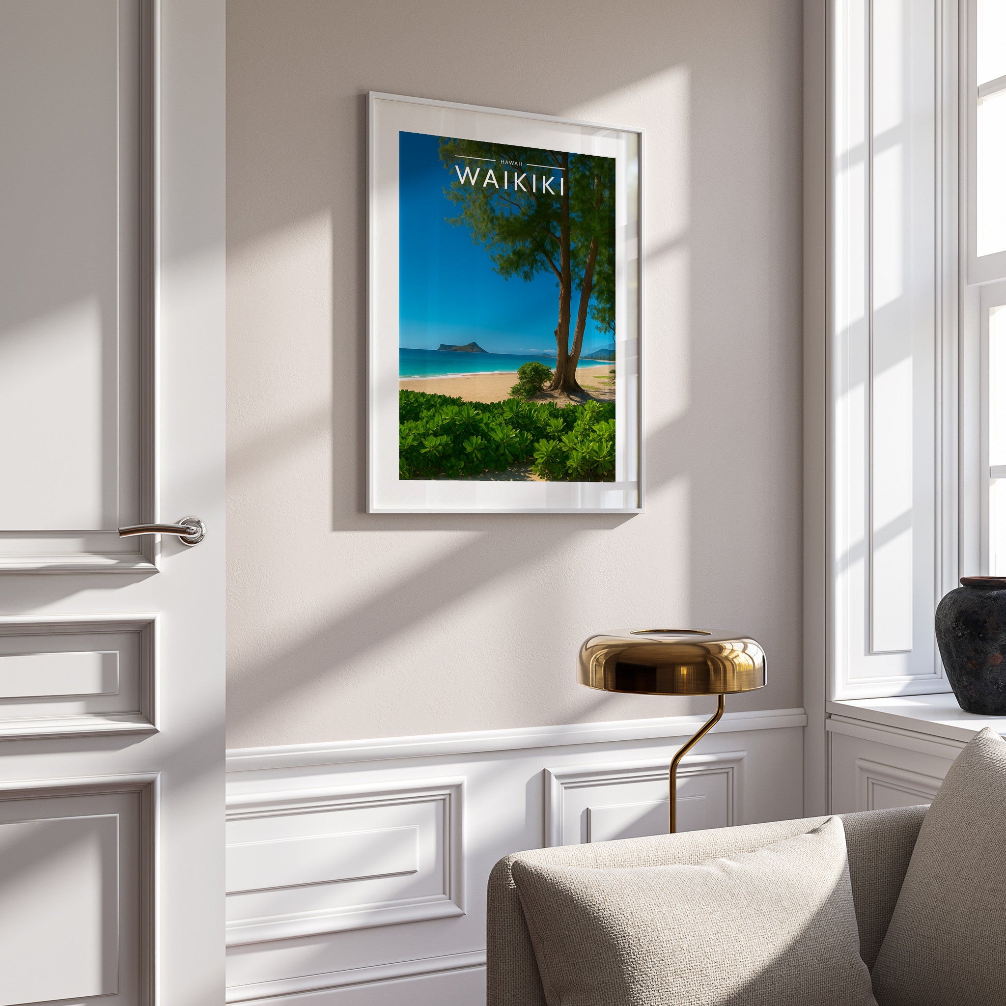 Waikiki Travel Poster in a white frame on a panelled wall