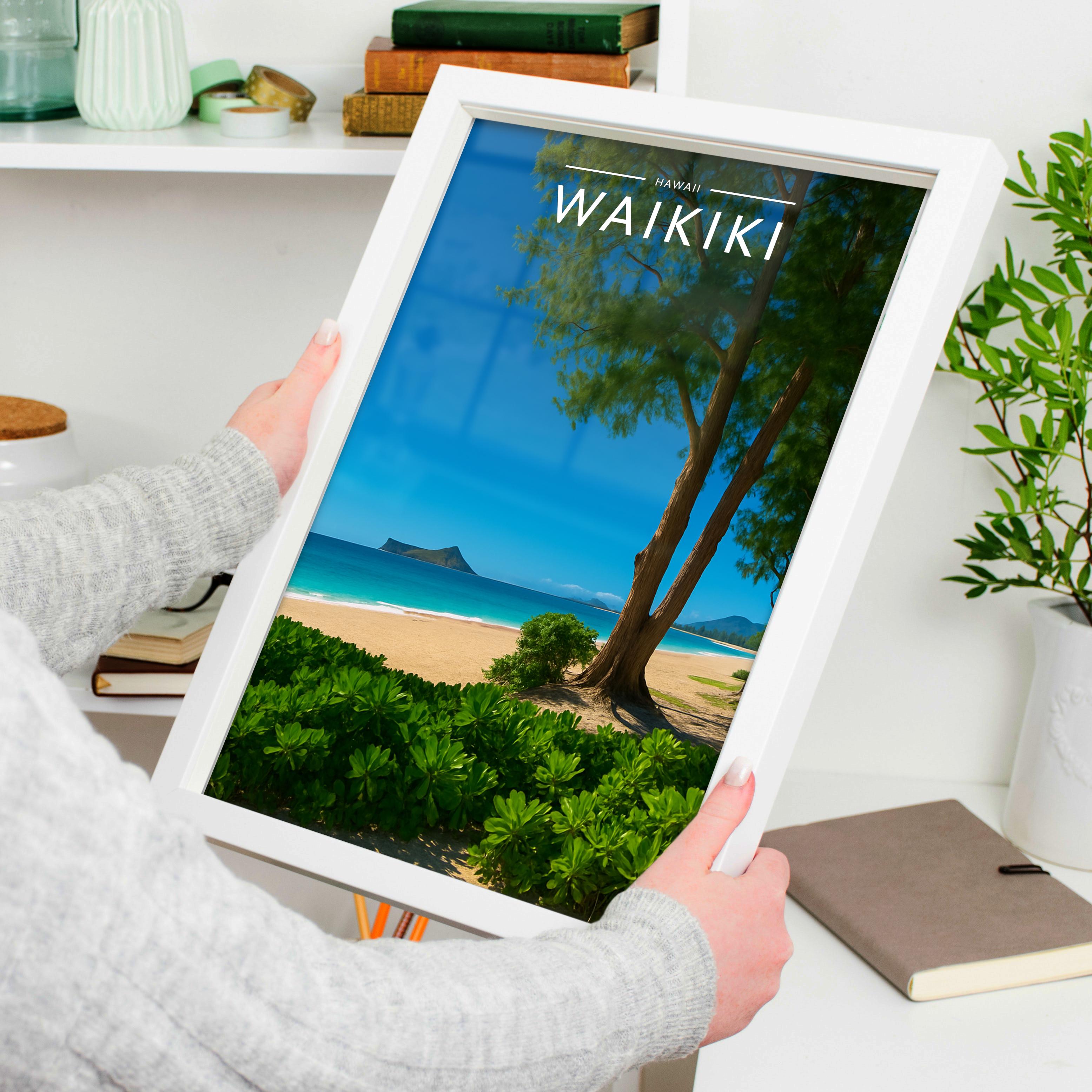 Waikiki Travel Poster held in a white frame