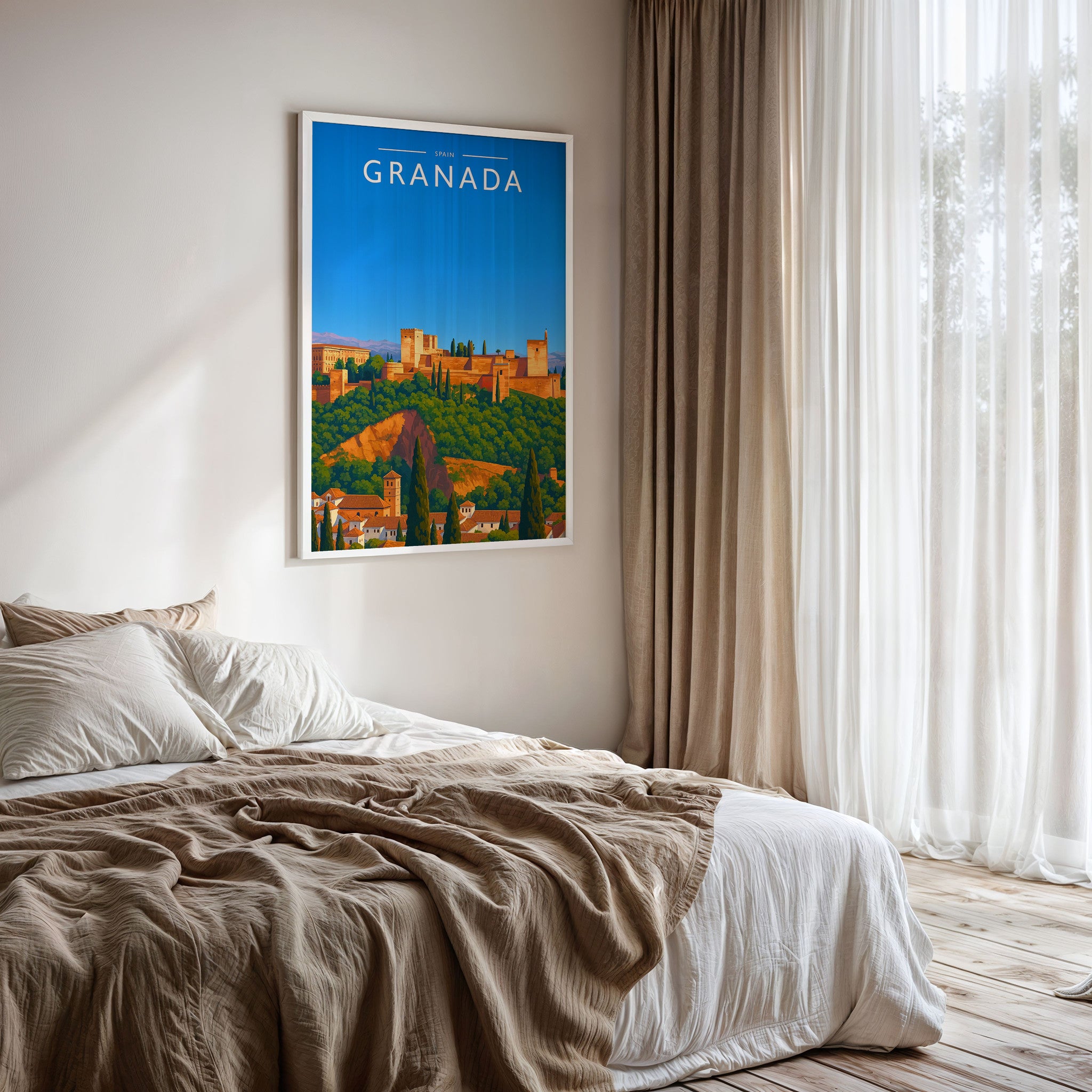 Granada Travel Poster framed on a bedroom wall